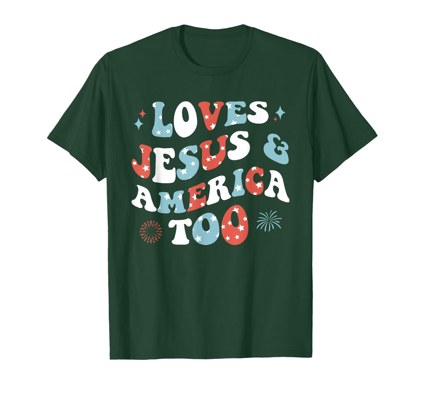 Loves Jesus and America Too Retro 4th of July Cute Christian T-Shirt