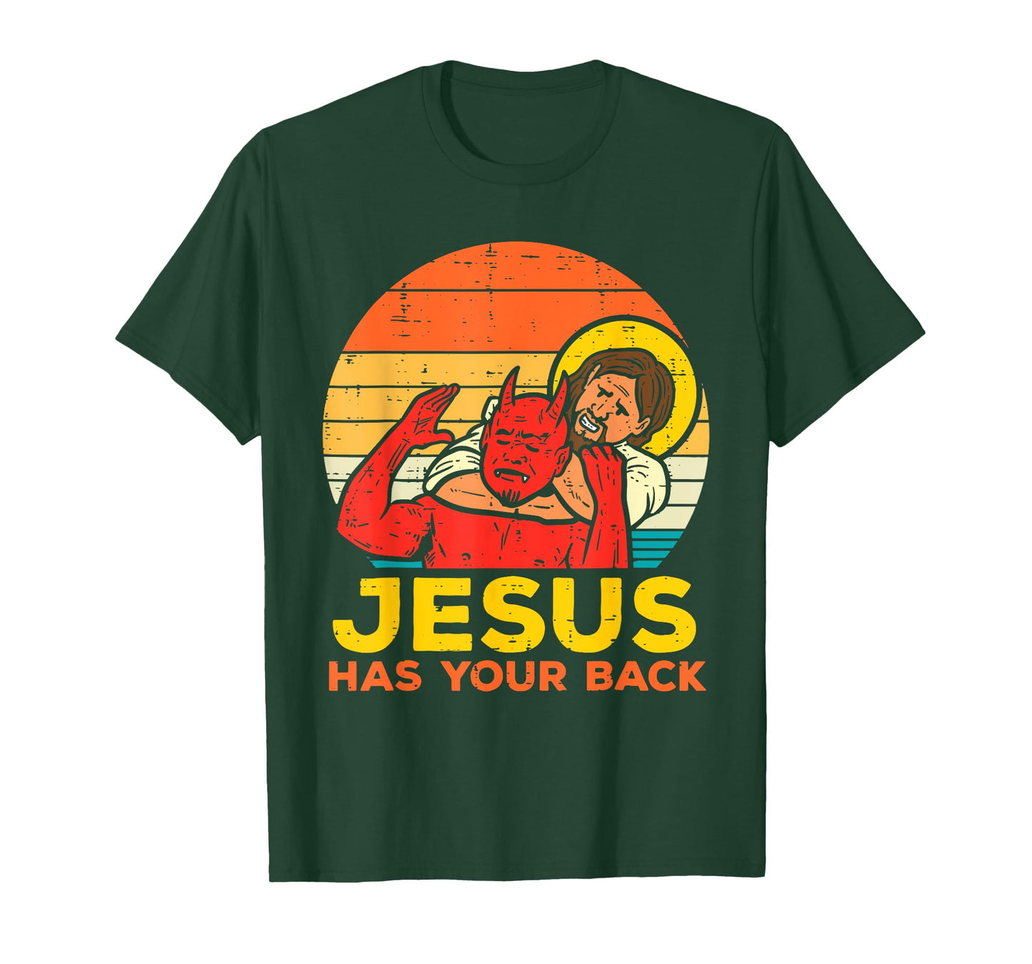 Jesus Has Your Back - Retro Sunset Jesus Wrestling Devil T-Shirt