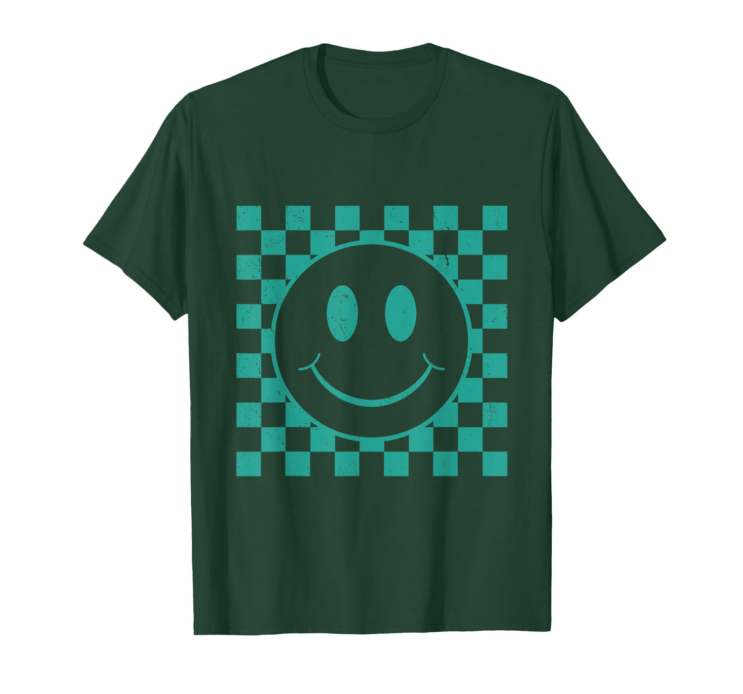 Cute Retro Happy Funny Teal Green Smile Face Checkered T-Shirt