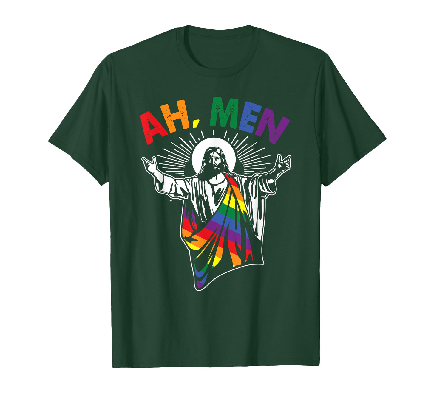 Ah Men Funny LGBT Gay Pride Jesus Rainbow Flag Christian Short Sleeve T-Shirt
