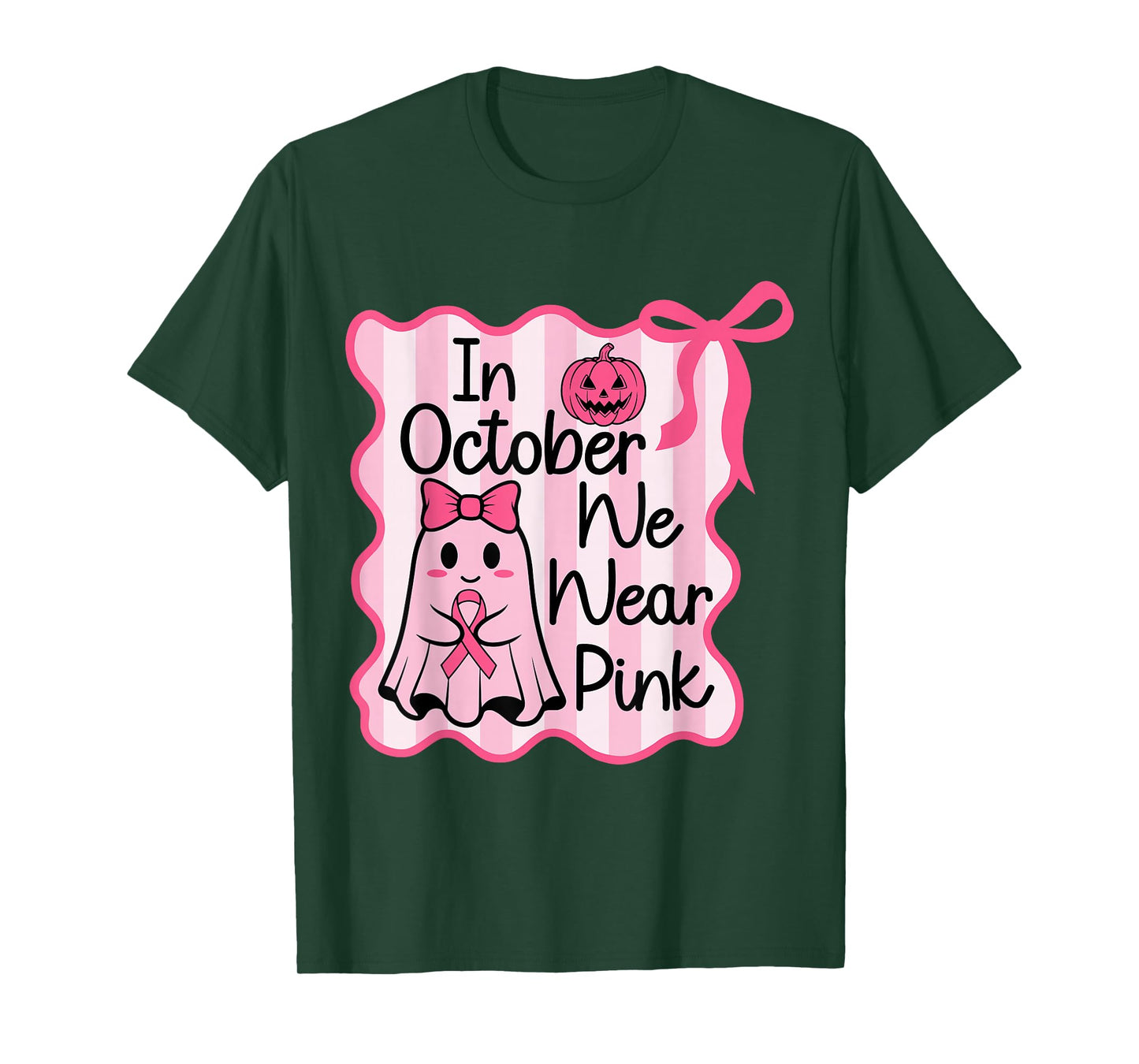 in October We Wear Pink Cute Ghost Halloween Coquette Bow T-Shirt