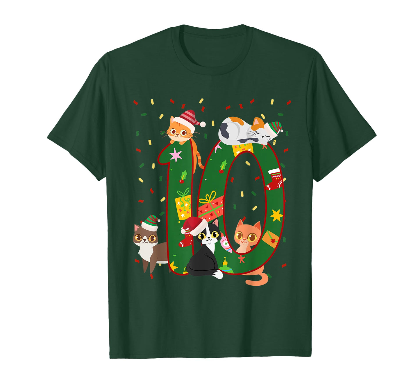 10 Years Old Kids Xmas Cute Cats 10th Birthday Christmas T-Shirt
