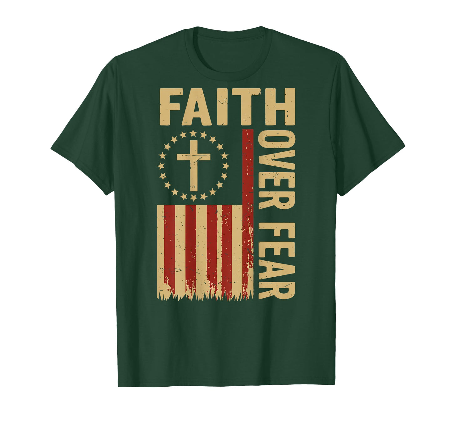 Mens Faith Over Fear Christian Patriotic American Flag Cross T-Shirt