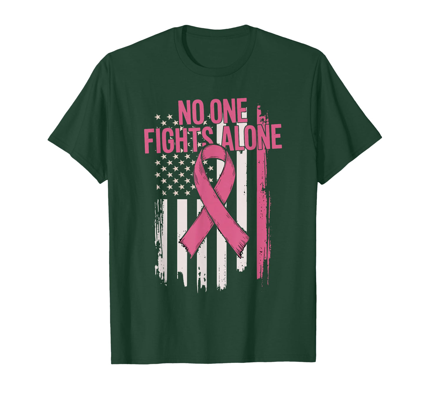 No One Fights Breast Cancer Alone American Flag Pink Ribbon T-Shirt