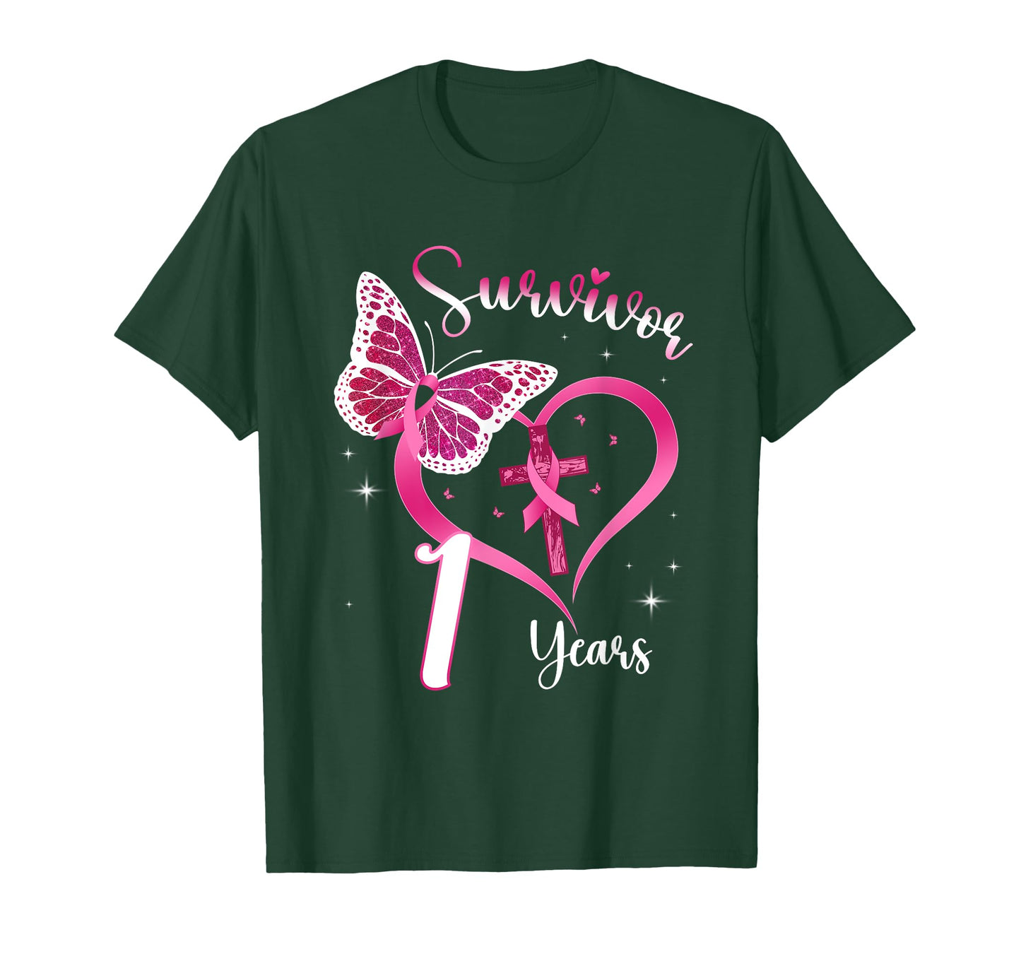 Breast Cancer Survivor Pink Ribbon Butterfly 1 Years Gift T-Shirt