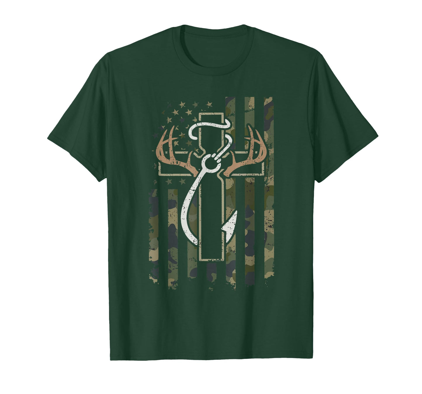 Hunting Fishing Faith Deer Antlers Cross Hook Christian Camo T-Shirt
