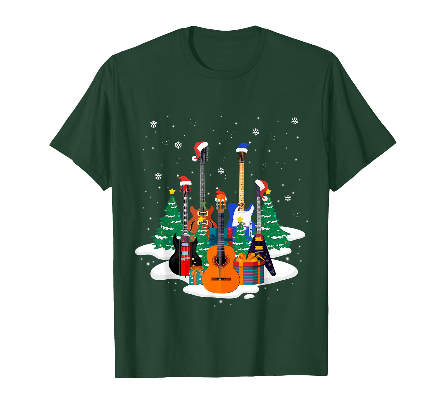 Guitar Santa Hat Christmas Tree Funny Music Loves Xmas Gifts T-Shirt