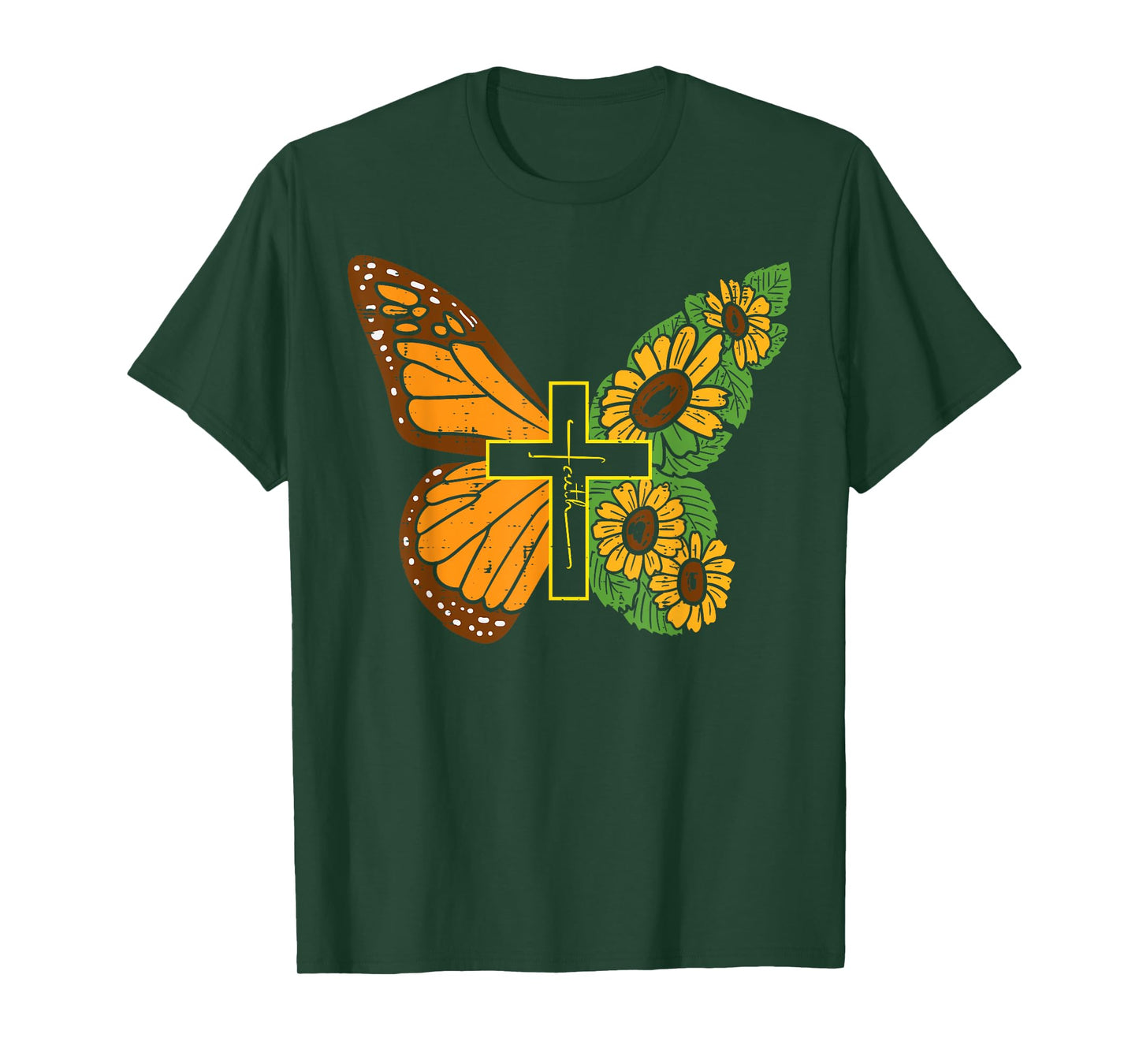 Butterfly Sunflower Cross Faith God Jesus Christian Women T-Shirt