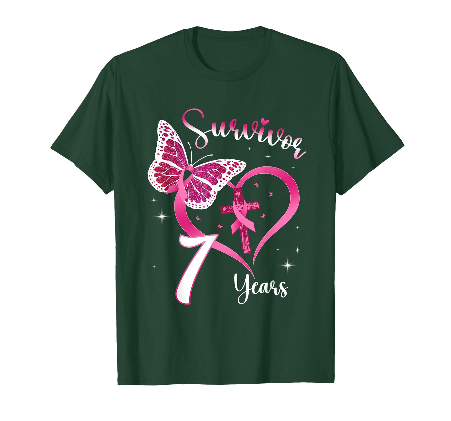 Breast Cancer Survivor Pink Ribbon Butterfly 7 Years Gift T-Shirt