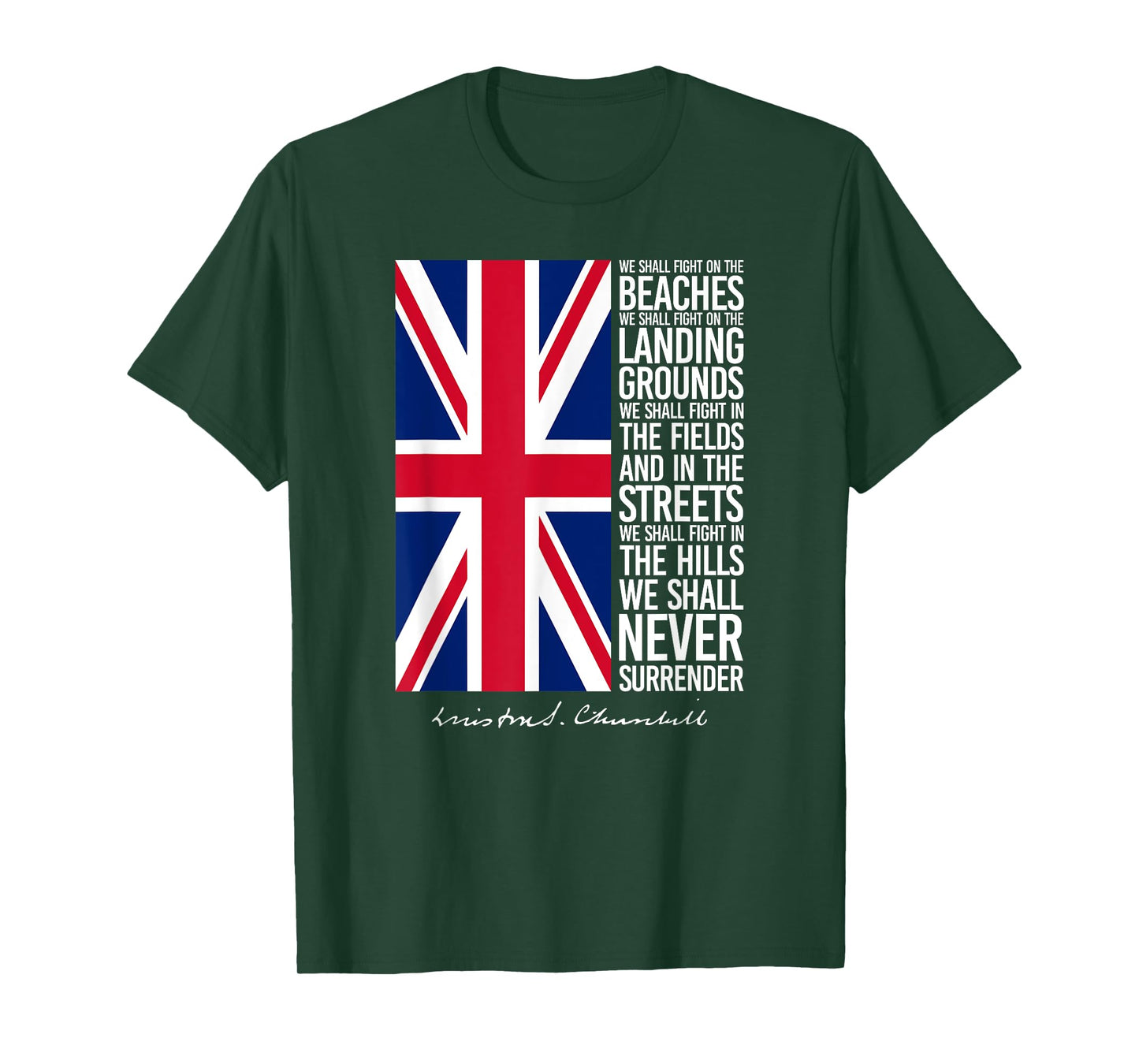 Winston Churchill We Shall Never Surrender Quote UK Flag T-Shirt