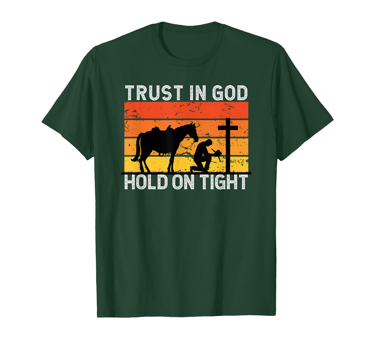 Christian Cowboy Gifts Apparel Unisex-Adults Black Cotton Blend Short Sleeve T-Shirt Small Trust In God Hold Tight Cowboy Kneeling At Cross Jesus Christian Cowboy T-Shirt