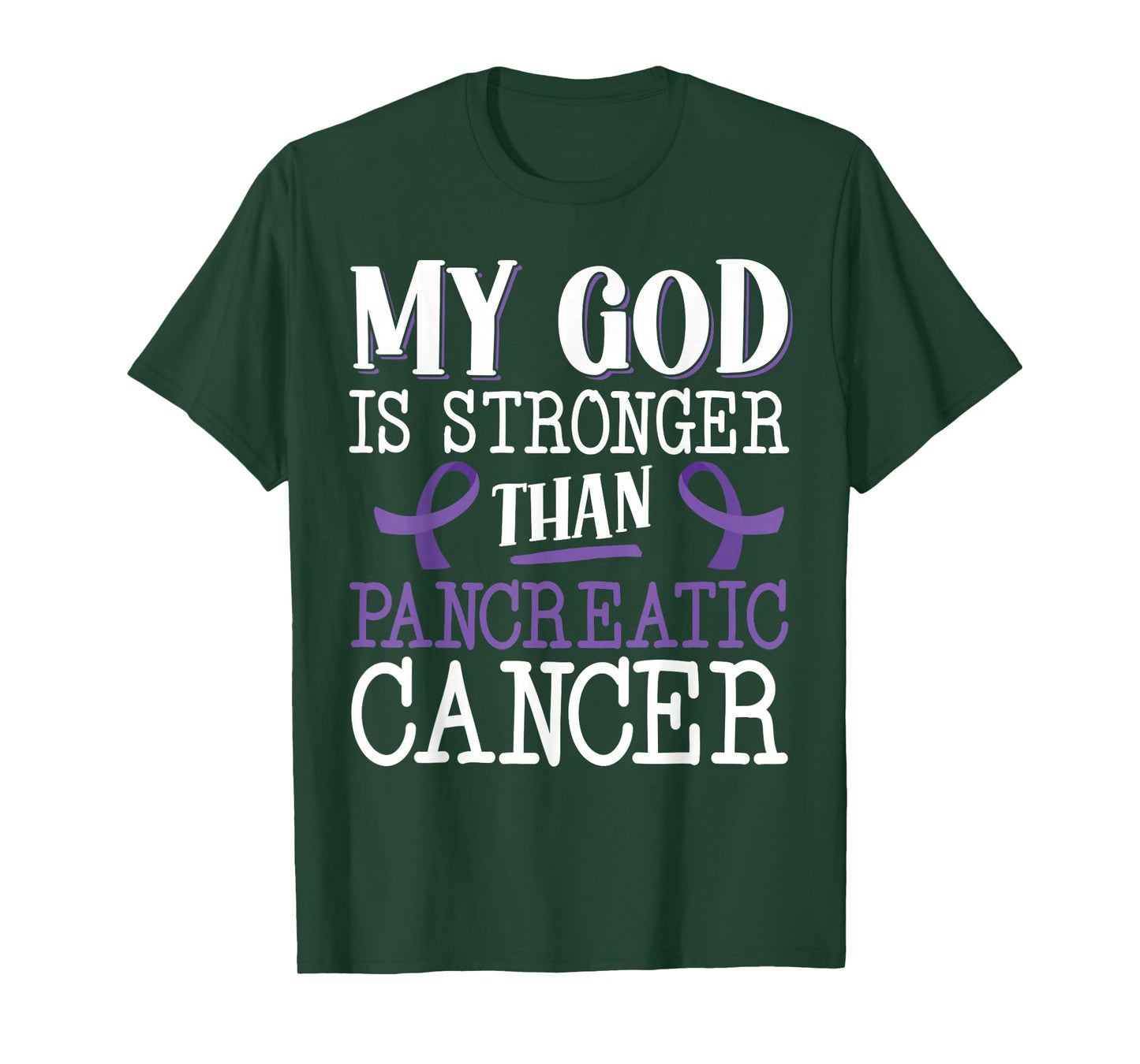 My God Is Stronger Than Pancreatic Cancer Purple Ribbon T-Shirt