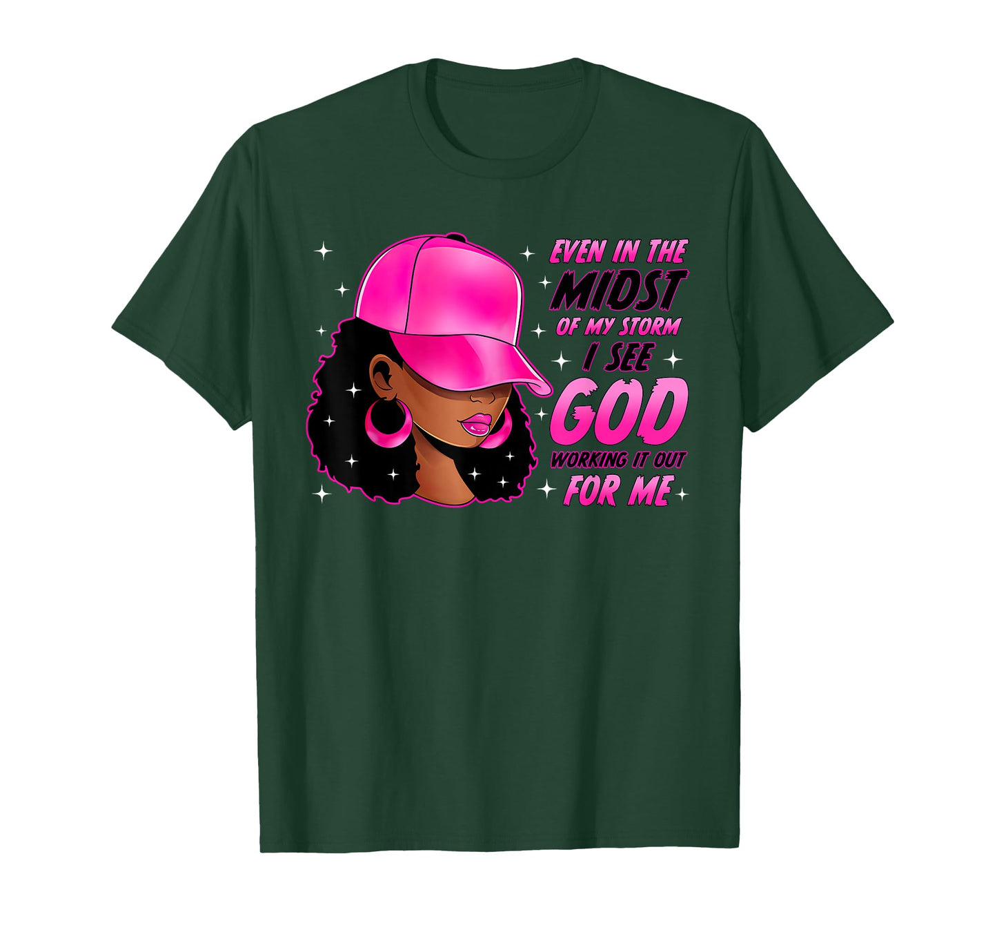 God Works It Out for Me Black Woman with Cap Christian T-Shirt
