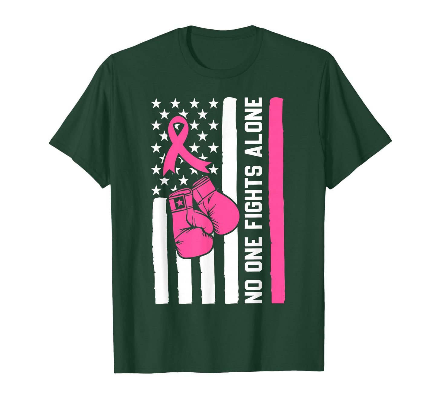 No One Fight Breast Cancer Alone Pink Ribbon American Flag T-Shirt