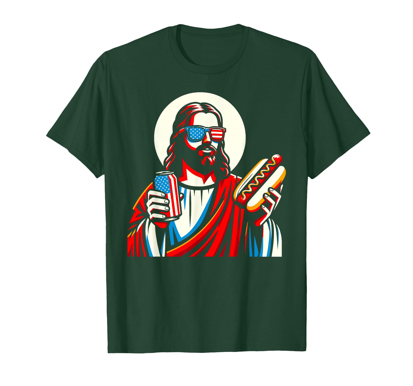 Funny Jesus USA American Christian Patriotic Beer Hotdog Women Men T-Shirt