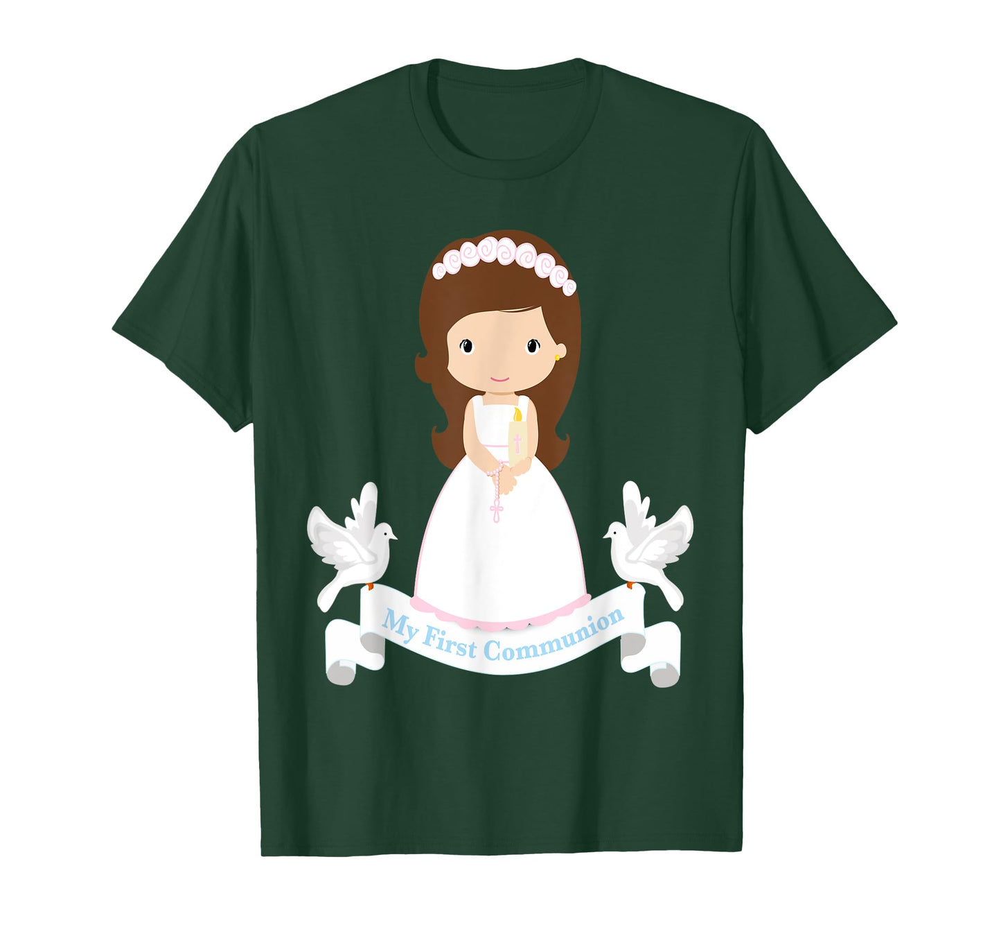 First Communion Shirt Kids Rosary Girls Daughter Brown Hair T-Shirt