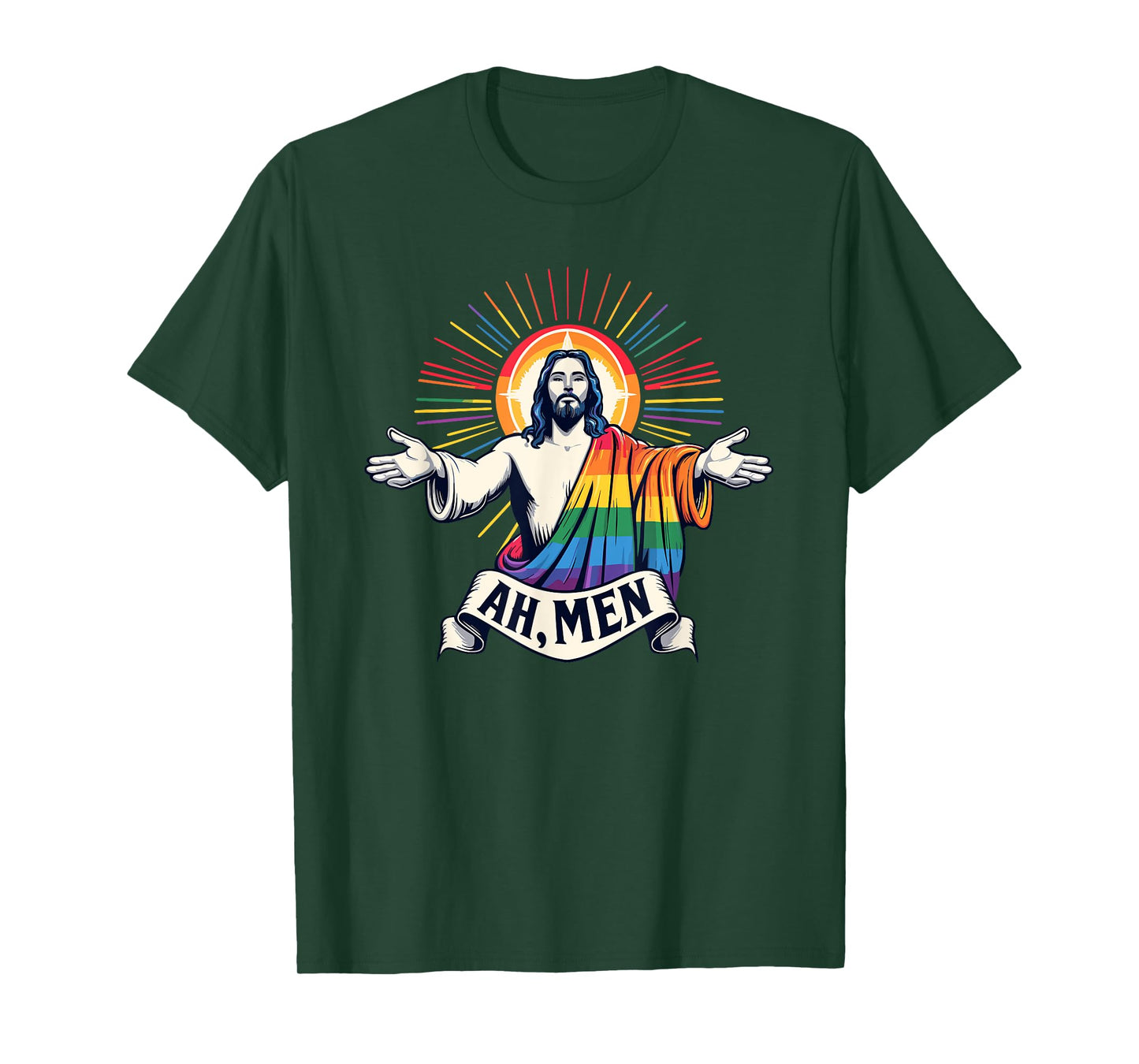 Ah Men Funny LGBT Gay Pride Jesus Rainbow Flag Christian T-Shirt
