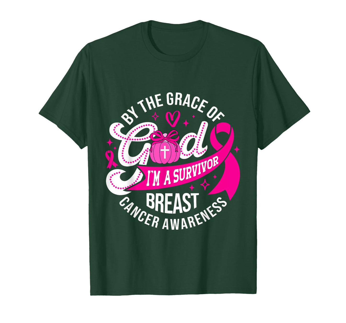 by The Grace God I'm A Survivor Breast Cancer Pumpkin Bow T-Shirt