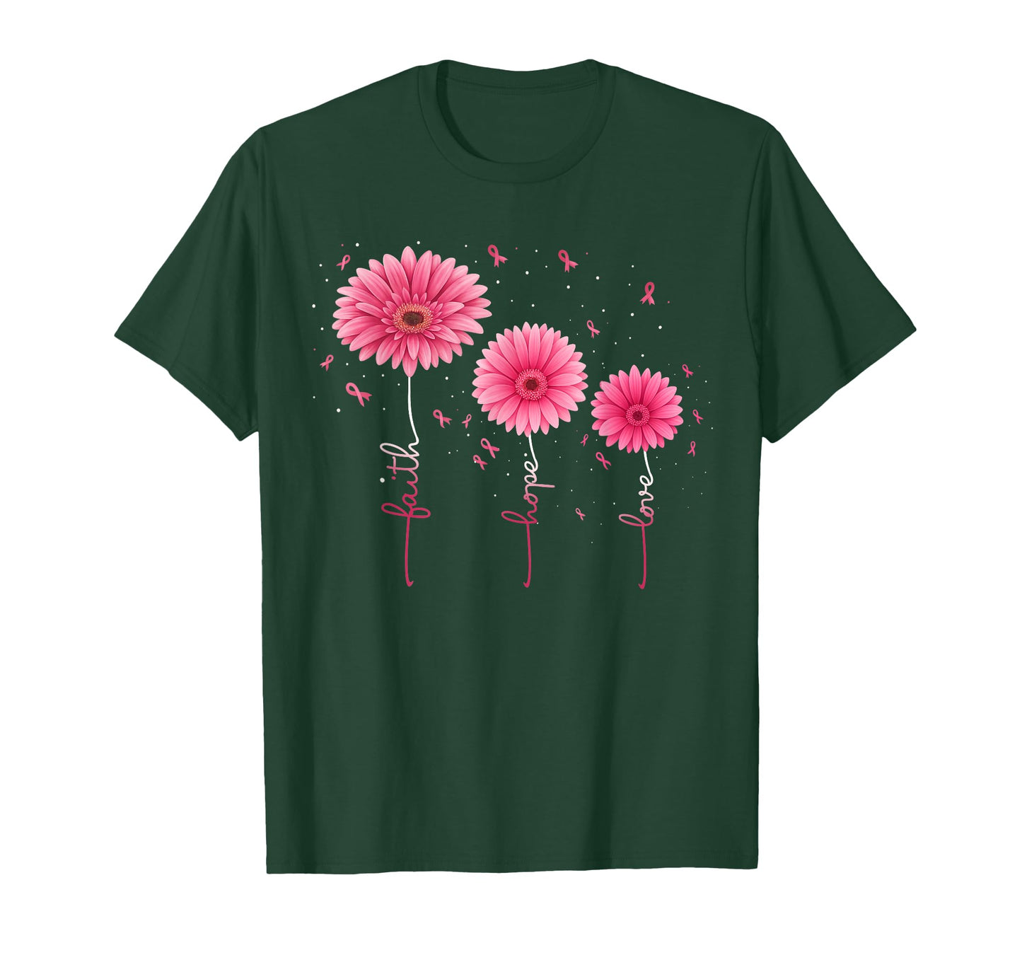 Faith Hope Love Ribbon Pink Flower Breast Cancer Awareness T-Shirt