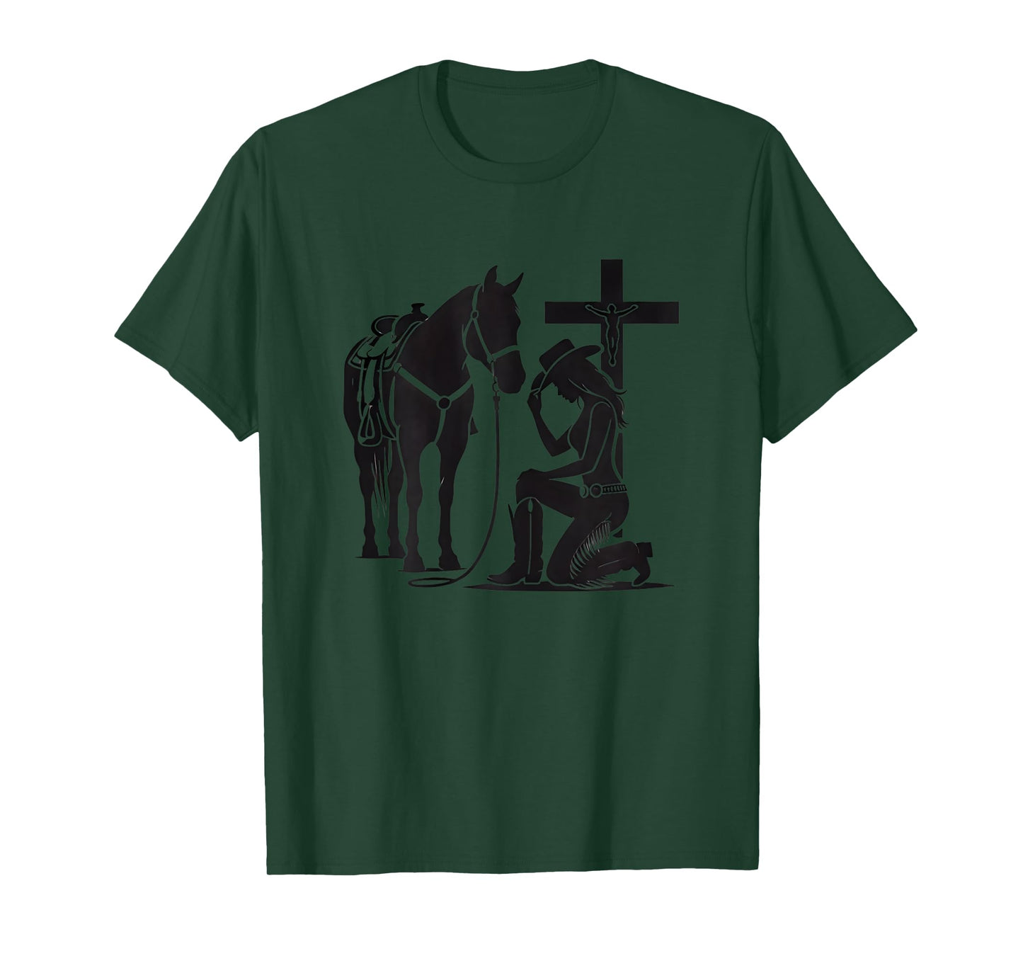 Christian Inspirational Cowgirl Praying with Horse & Cross T-Shirt