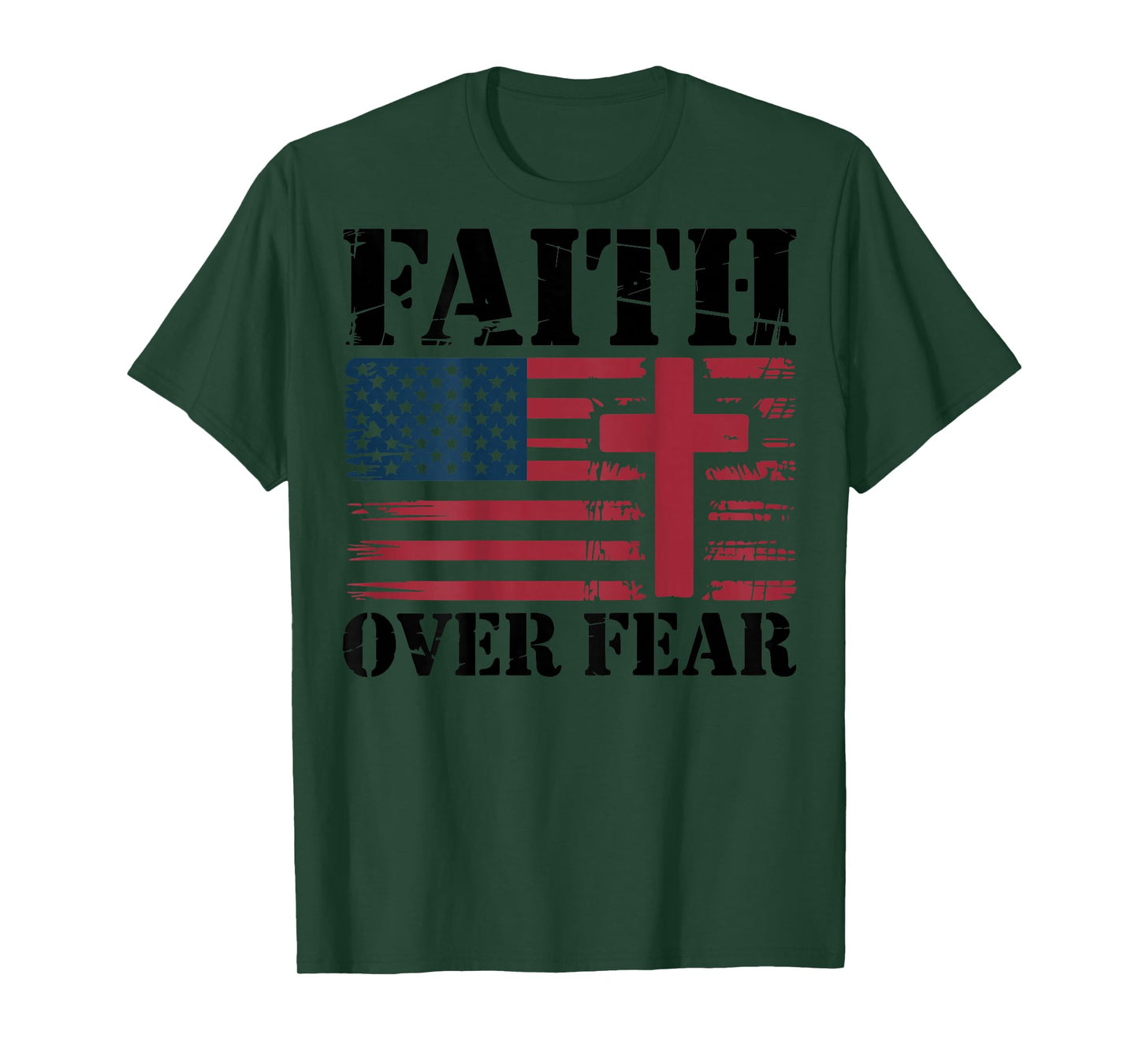 Mens Christian Patriotic Cross Faith Over Fear American Flag T-Shirt