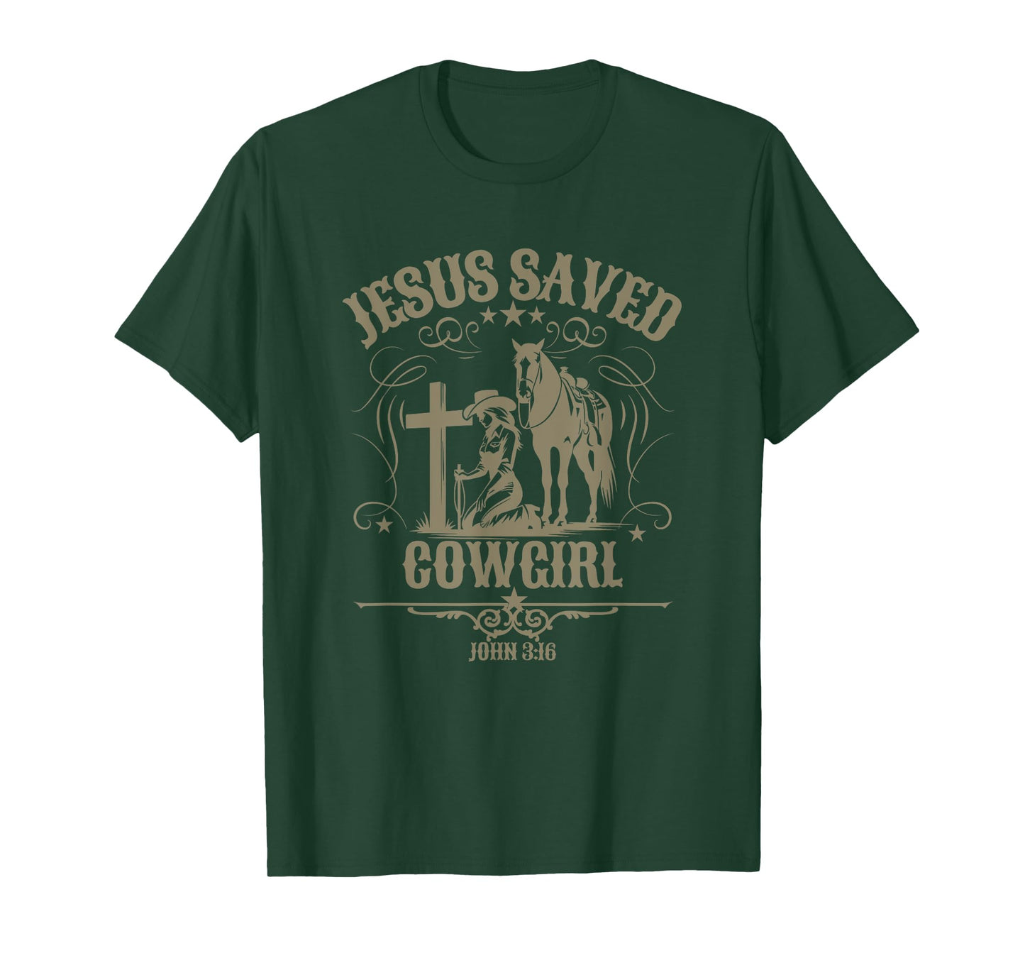 Christian Cowgirl Kneeling at Cross Western Scripture Jesus T-Shirt