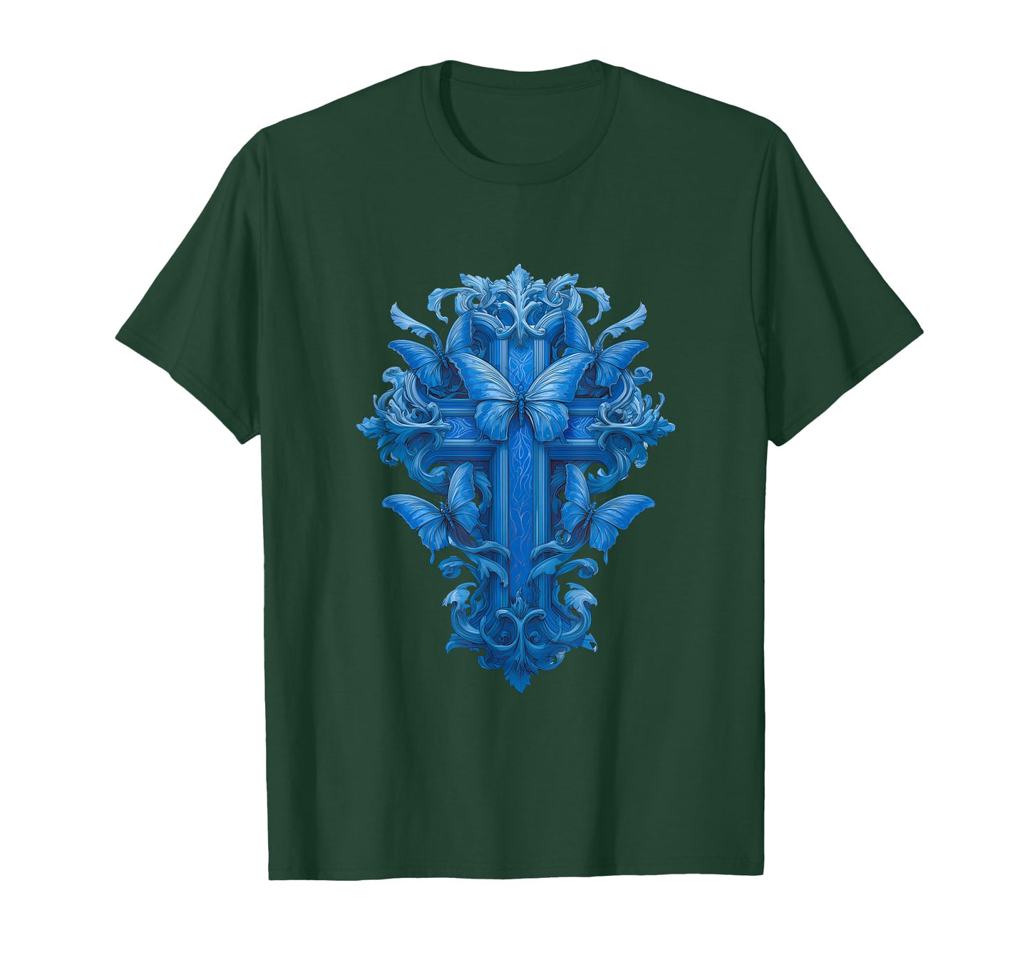 Blue Christian Cross with Butterfly Symbols of Hope T-Shirt