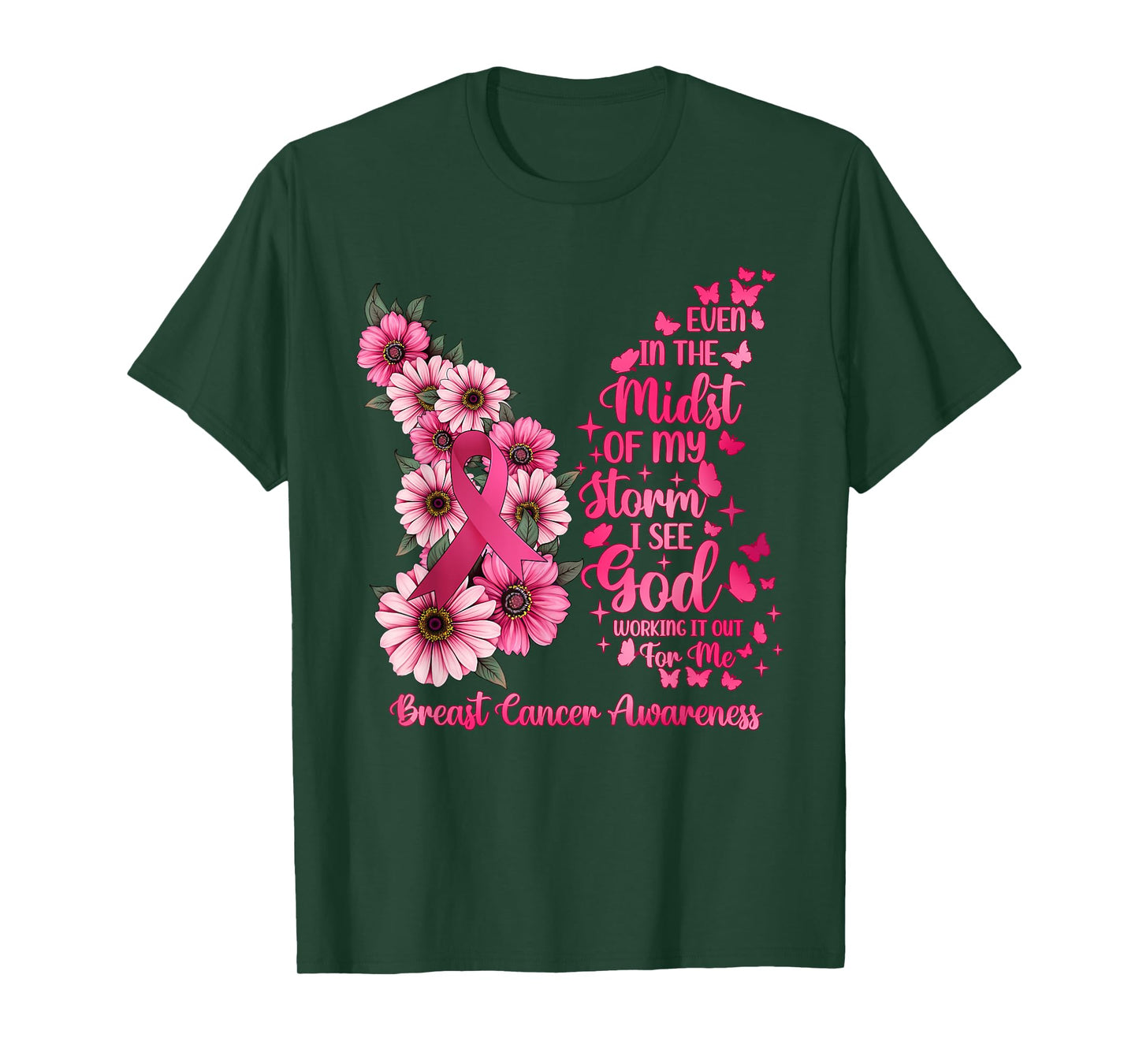 Breast Cancer Awareness God Bible Verse Pink Butterfly Women T-Shirt