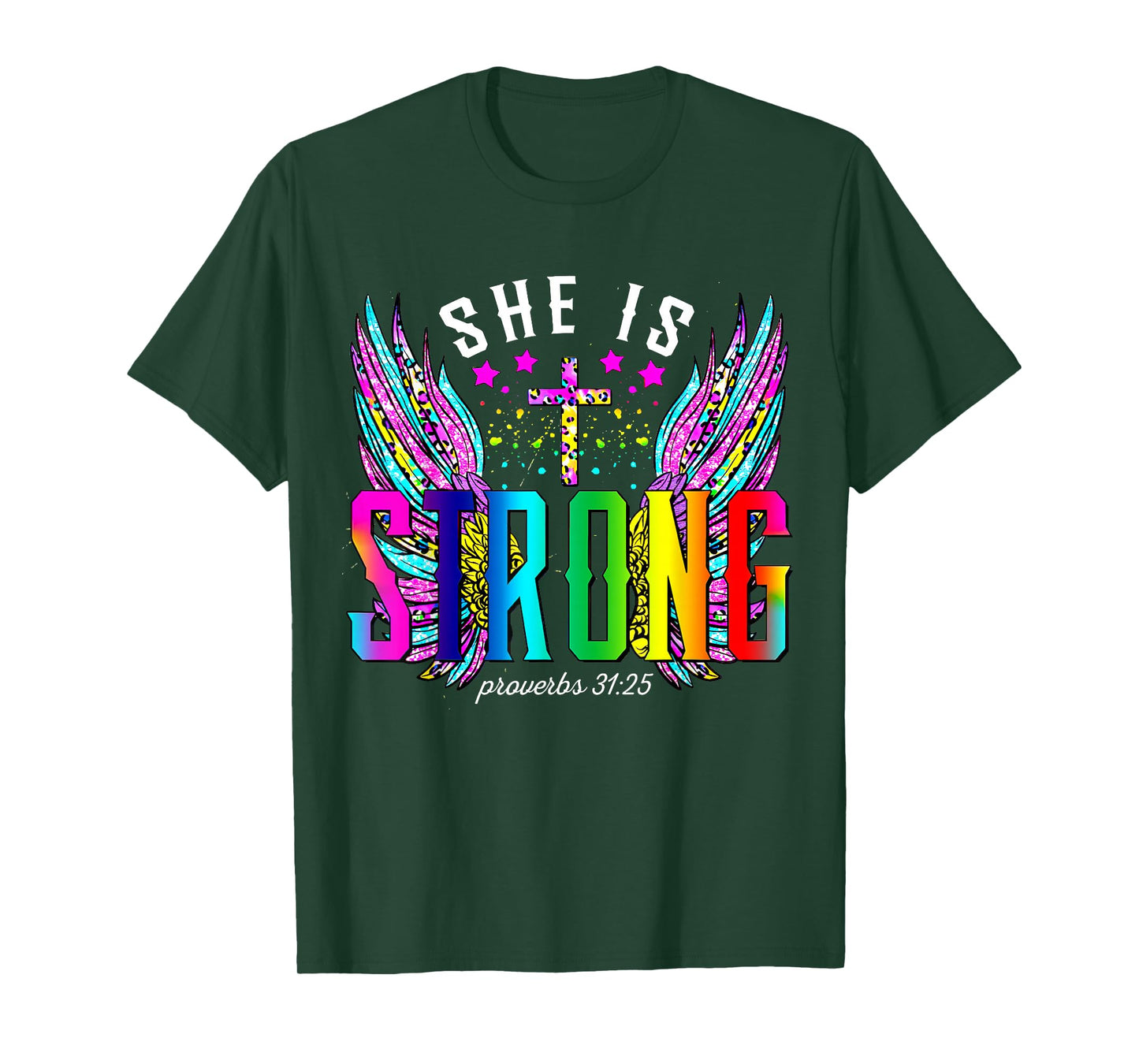 She Is Strong Bible Proverbs 31:25 Cross Wings Christian Tee T-Shirt