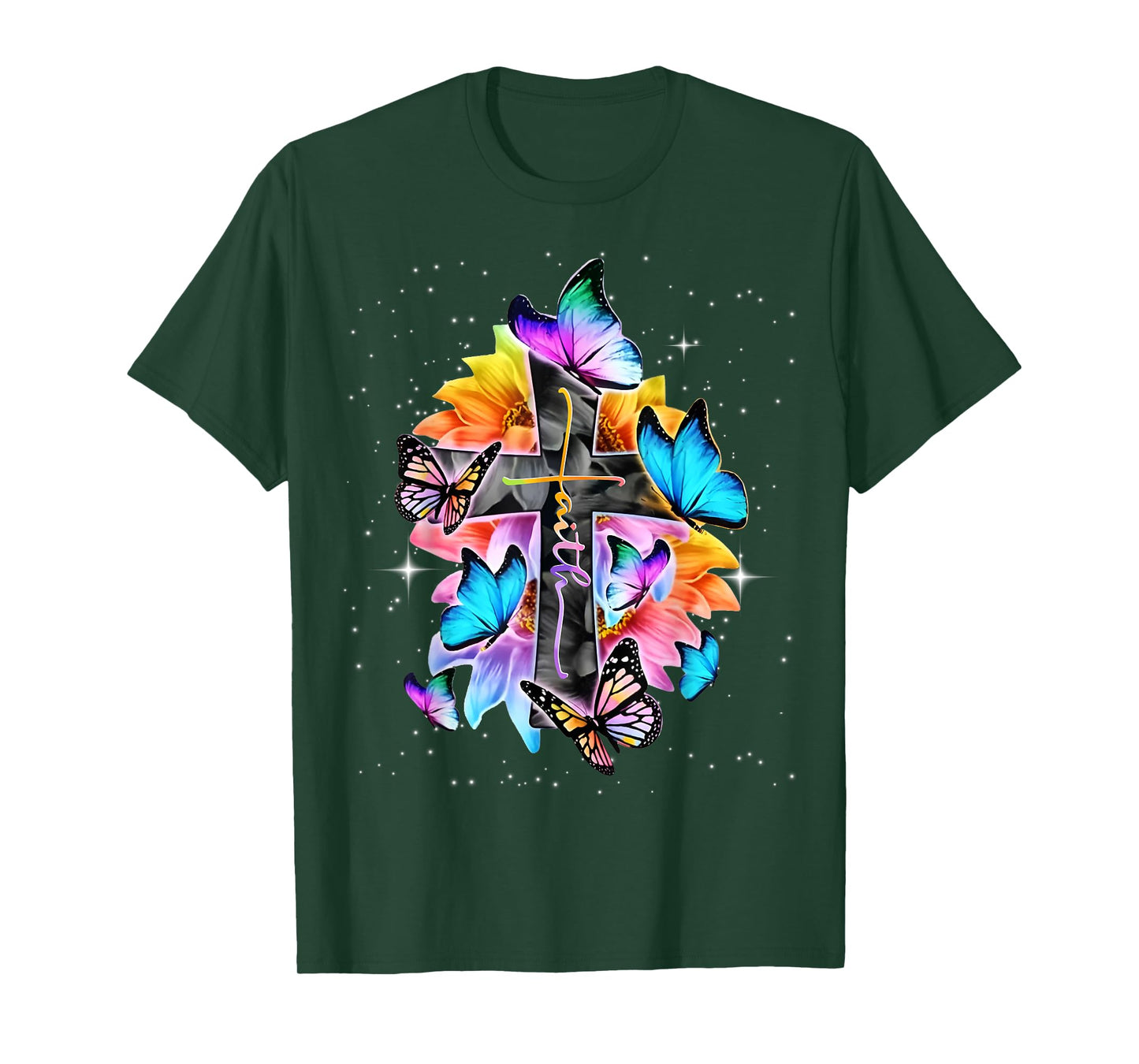 Faith - Cross Floral Butterflies Christ Flowers Religious T-Shirt
