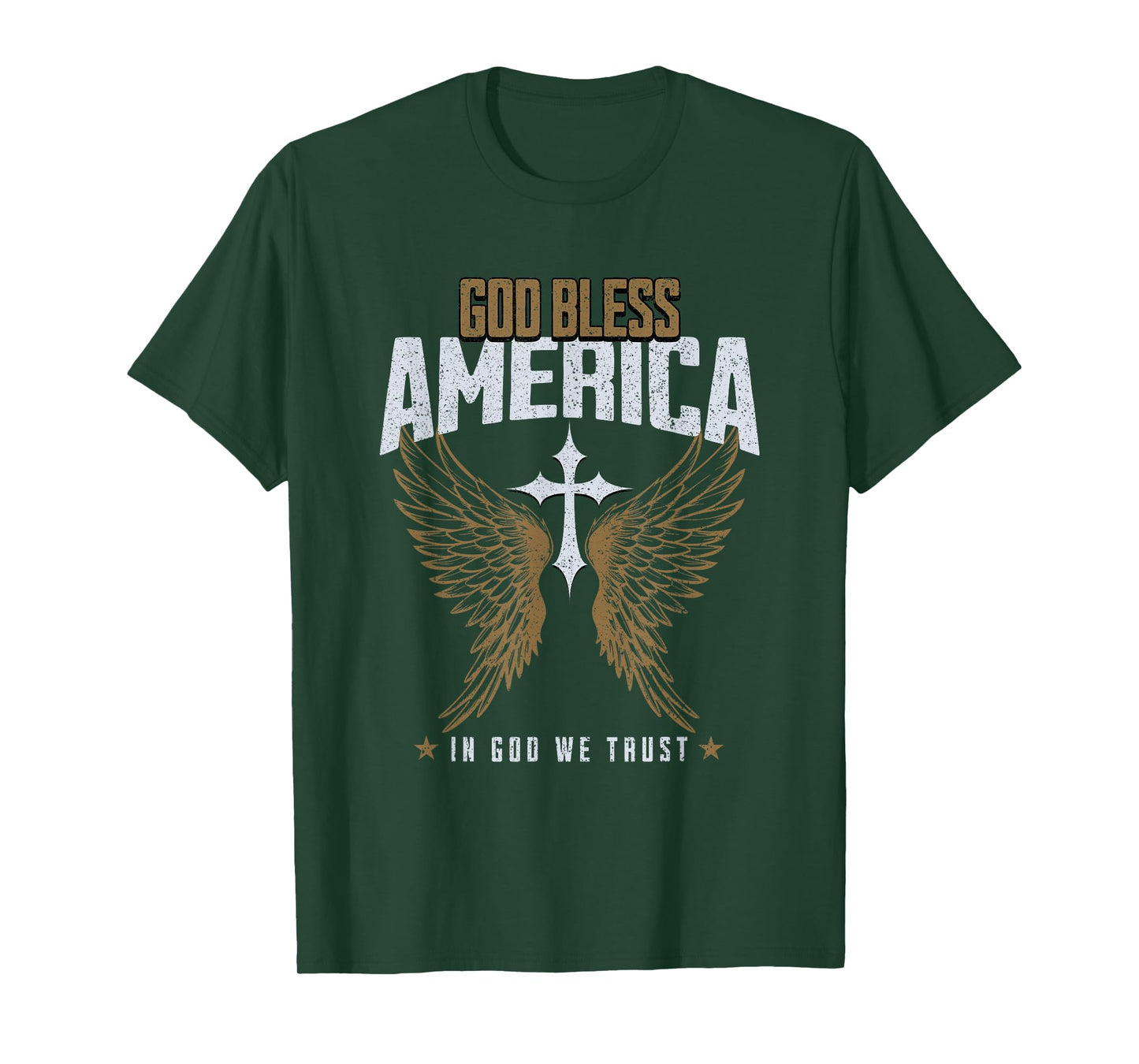 God Bless America Christian Cross & Angel Wings Distressed T-Shirt