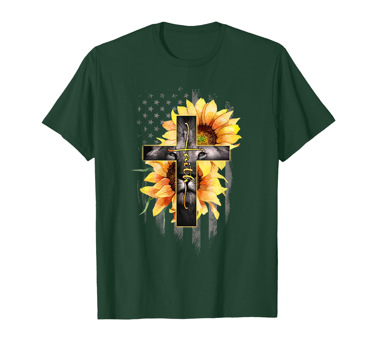 Faith Cross Christian Lion Sunflower American Flag T-Shirt