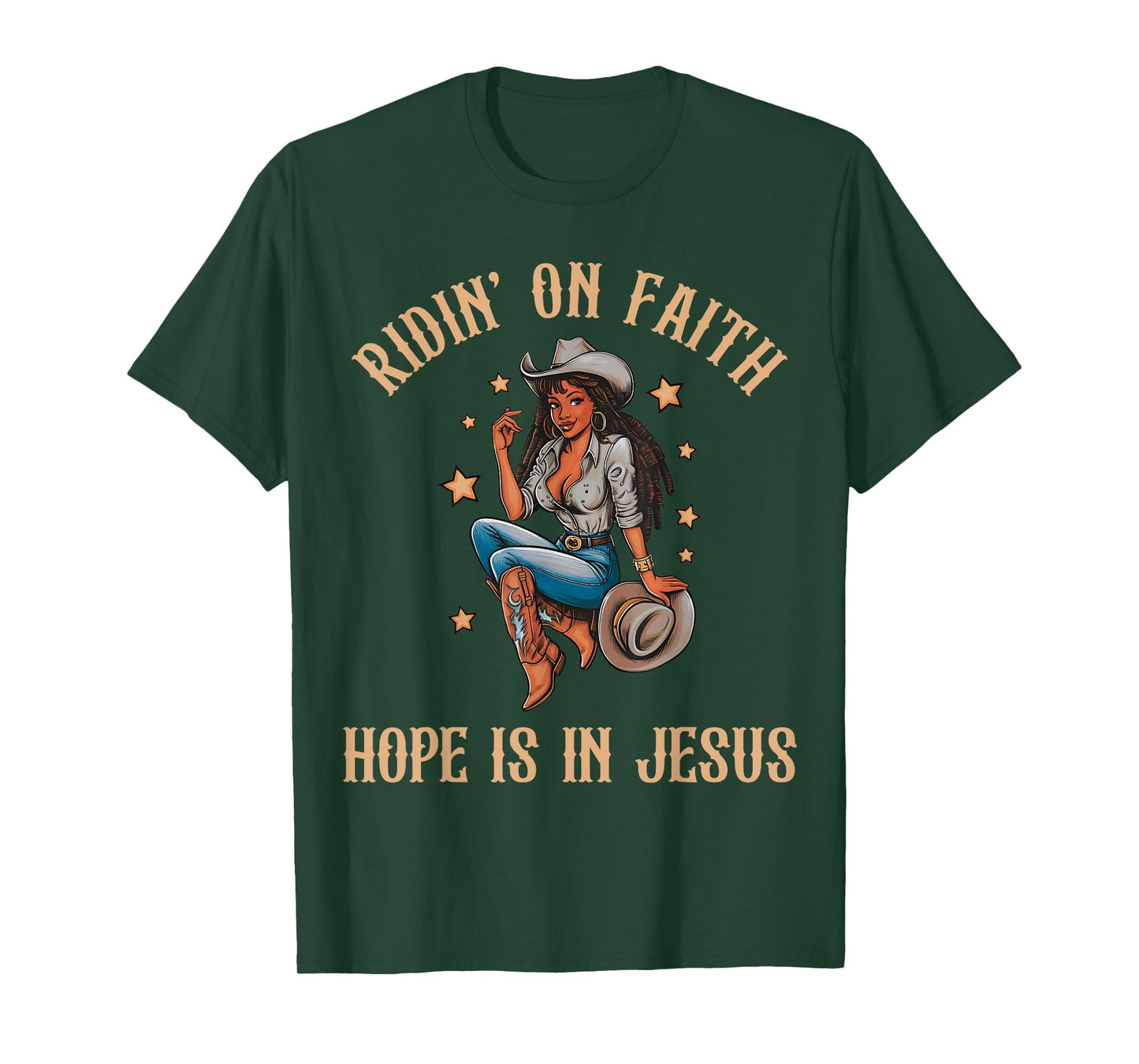 Ridin' On Faith Hope is in Jesus Black Cowgirl Christian T-Shirt