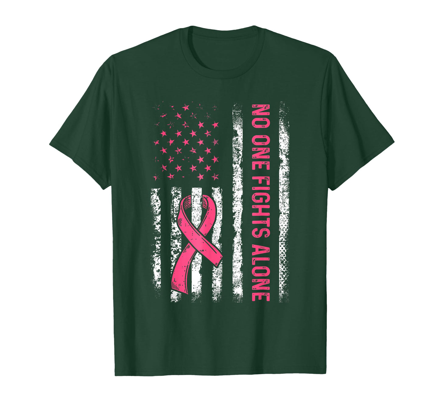 No One Fights Breast Cancer Alone American Flag Pink Ribbon T-Shirt