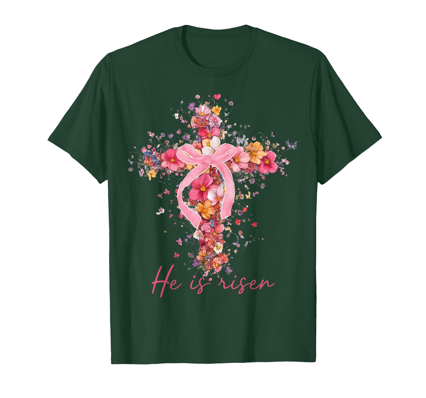 Floral Easter He Is Risen Christian Bible Pink Easter Bow T-Shirt