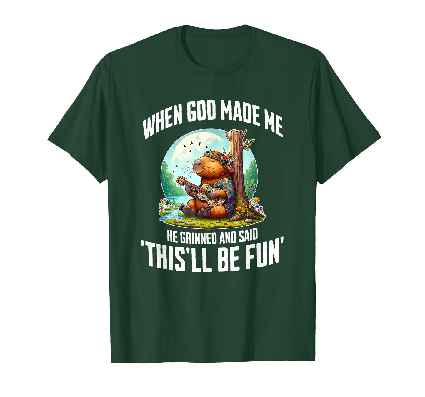 When God Made Me He Grinned Funny Capybara Guitar Hippie T-Shirt