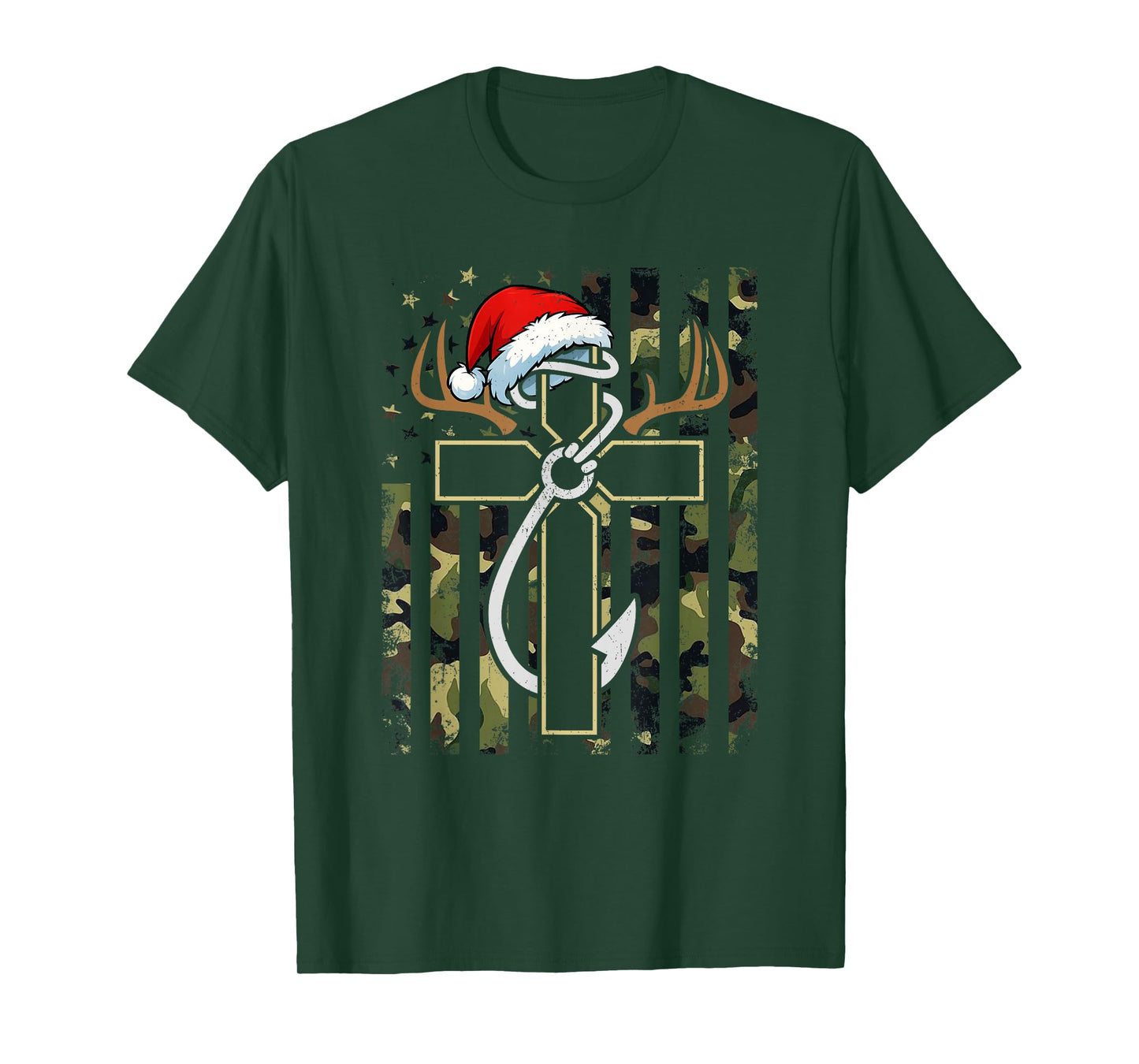 Hunting Fishing Faith Cross Santa Hat Deer Antlers Hook Flag T-Shirt