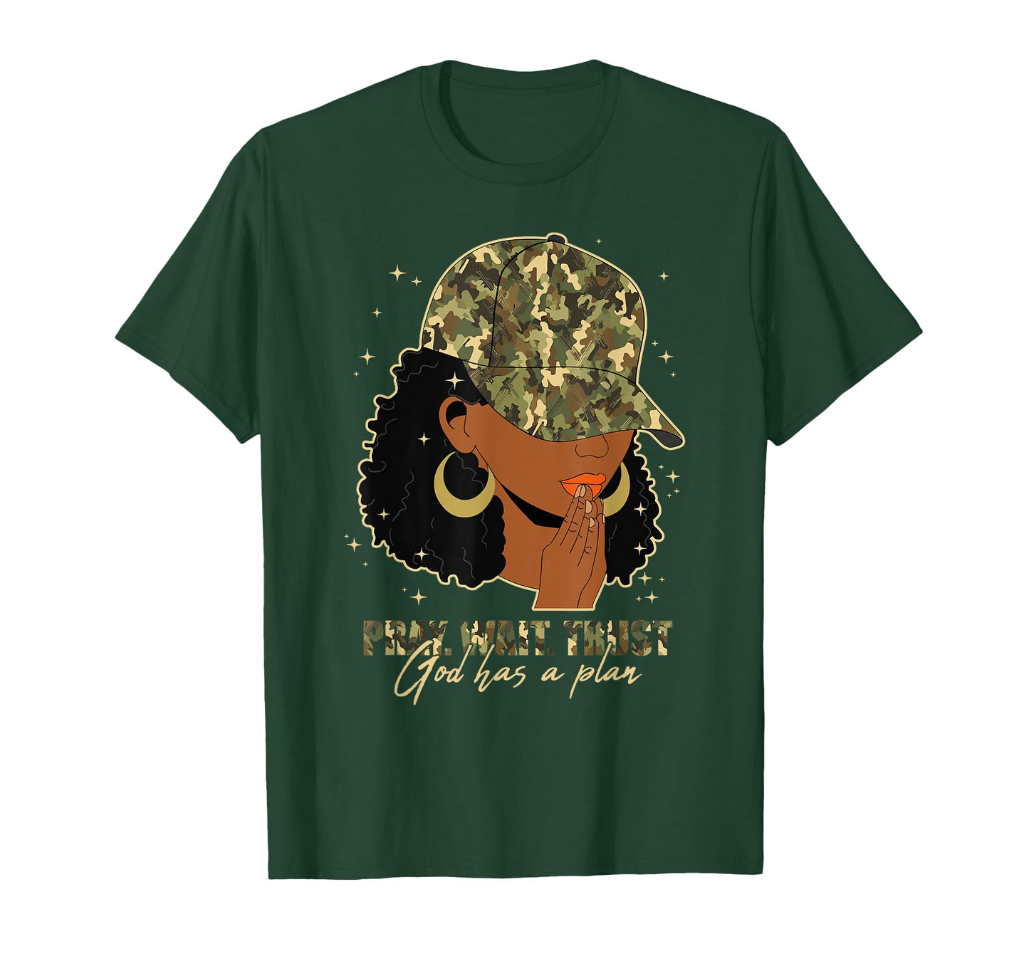 Pray Wait Trust Praying Black Woman Afro Christian Camo T-Shirt