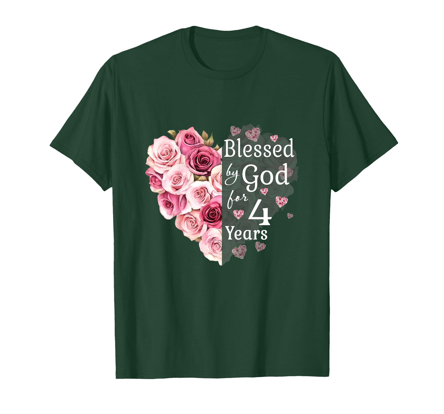 Kids Blessed By God For 4 Years Rose Flower Heart 4th Birthday T-Shirt