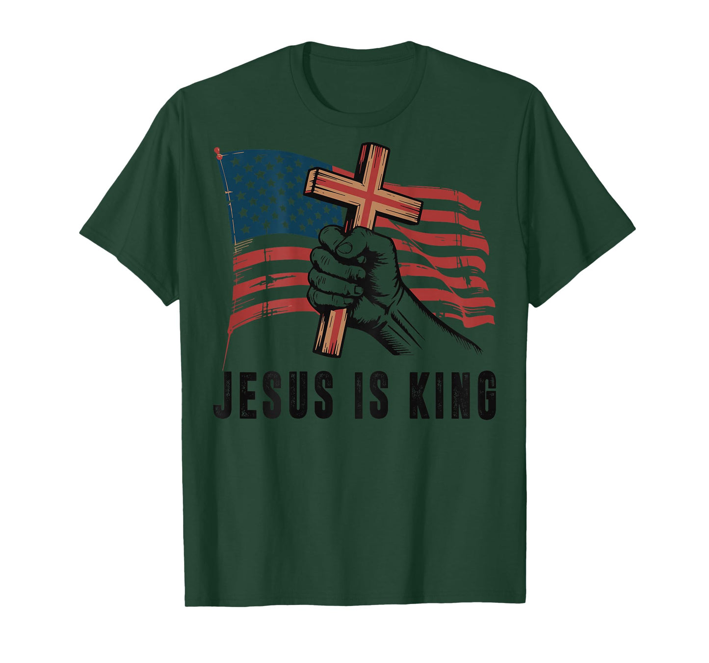 Mens Jesus is King American Flag Christian Patriotic Cross T-Shirt