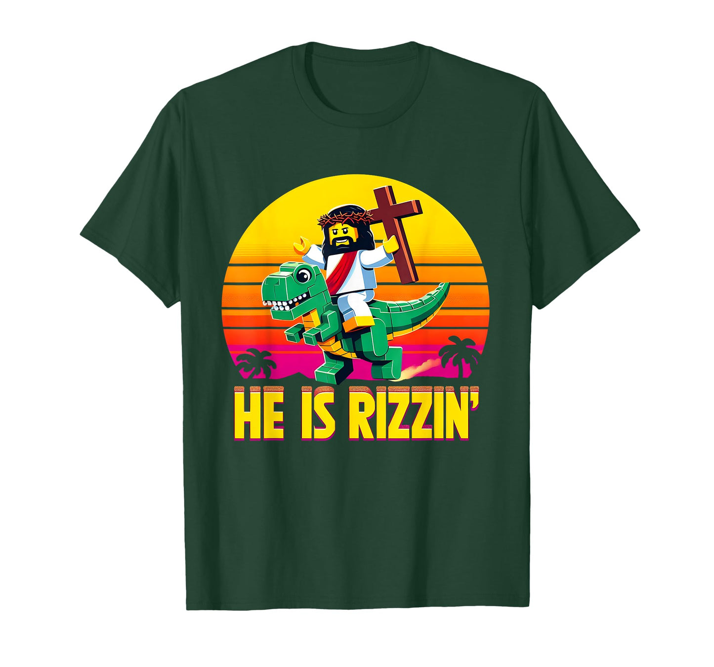 He Is Rizzen Jesus Has Rizzen Retro Christian Pixel Dinosaur T-Shirt