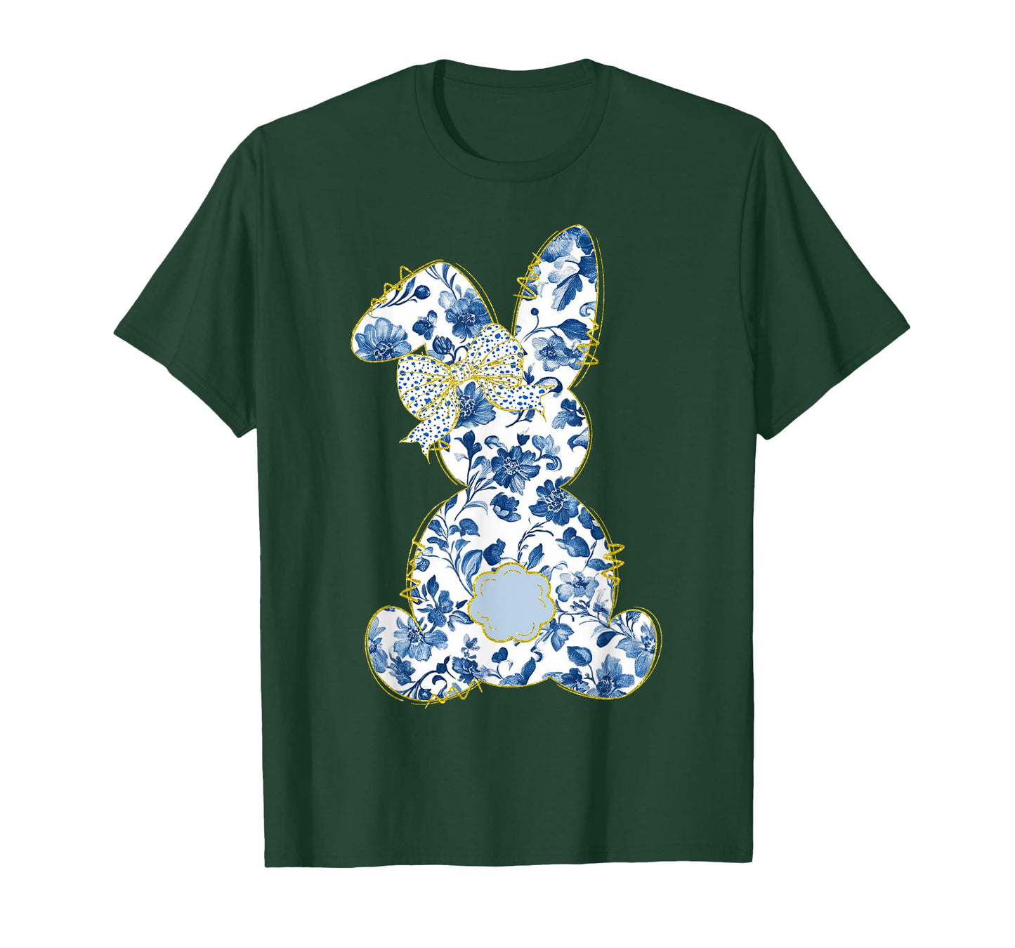 Cute Easter Toile Chinoiserie Blue Floral Bunny Coquette Bow T-Shirt