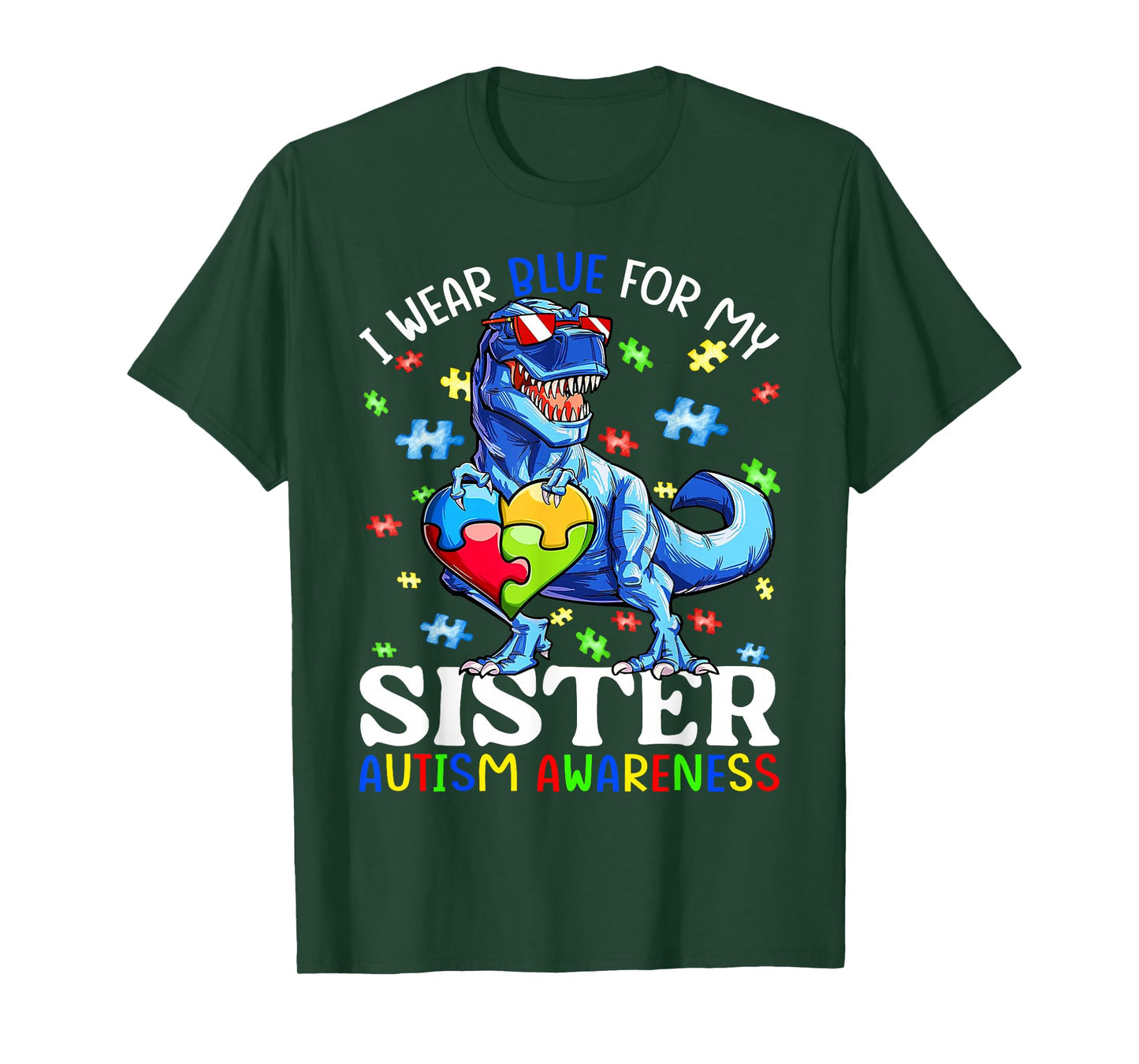I Wear Blue For My Sister Autism Awareness Dinosaur Boys T-Shirt