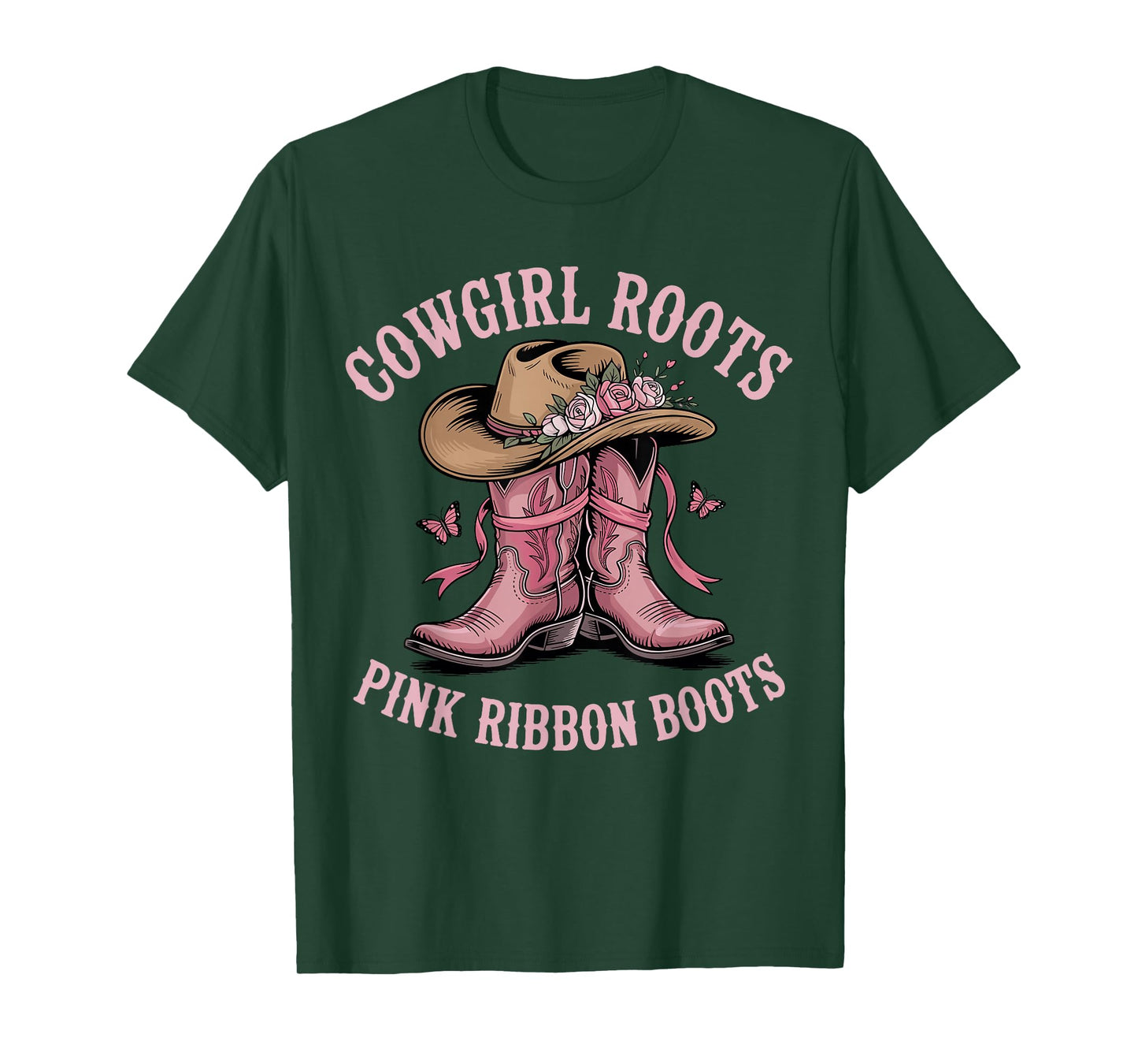 Cowgirl Roots Pink Ribbon Boots Breast Cancer Awareness T-Shirt