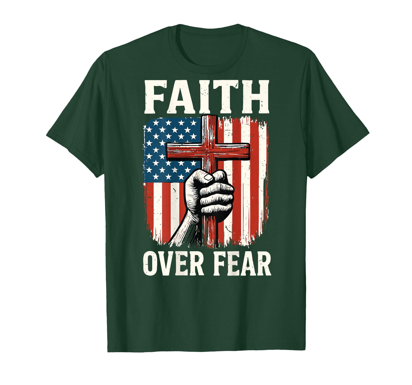 Mens American Flag Faith Over Fear Christian Patriotic Cross T-Shirt