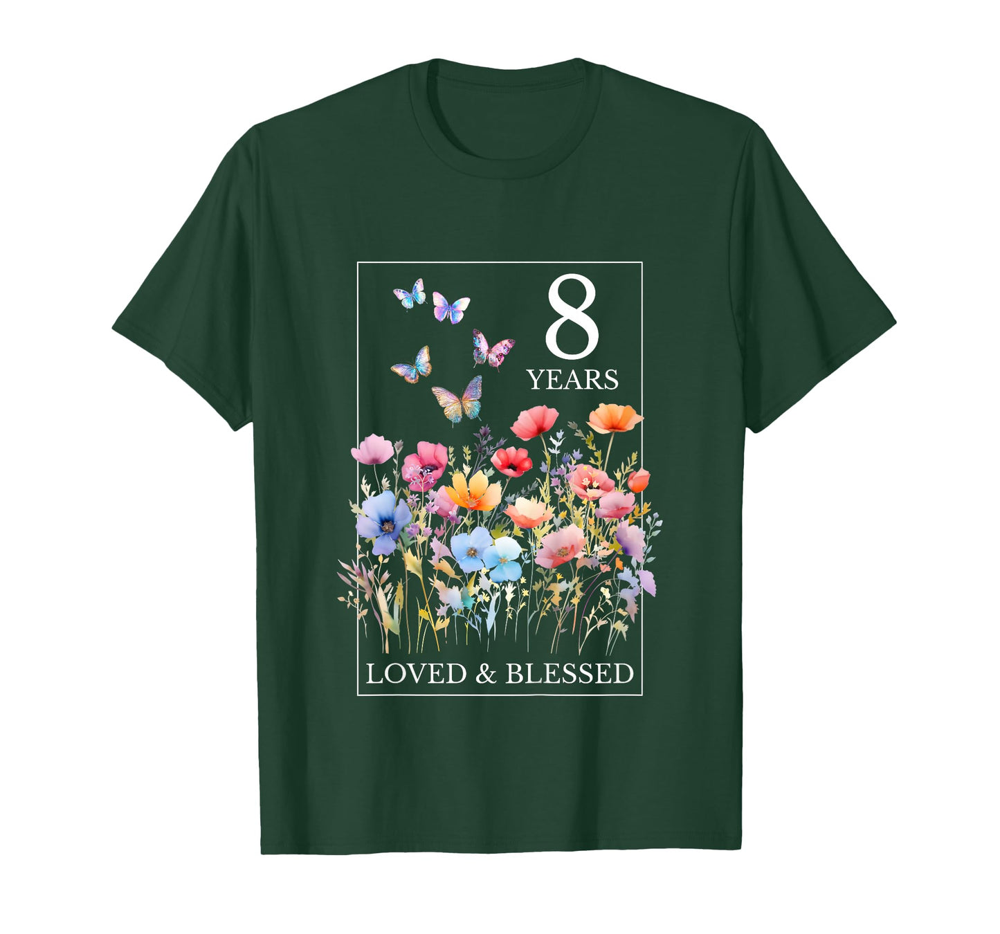 8 Years Loved Blessed Butterfly Flower Stamp 8th Birthday T-Shirt
