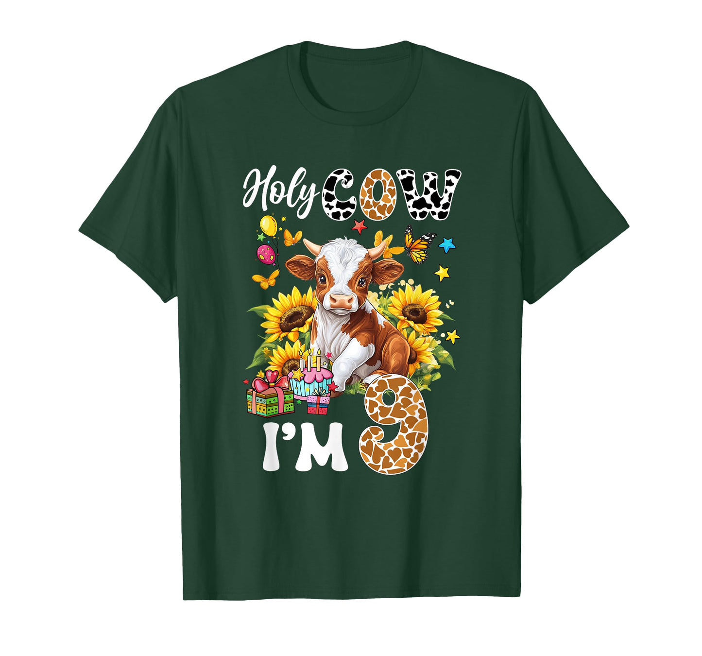 Holy Cow I'm 9 Years Old Farm Cow Sunflowers 9Th Birthday T-Shirt