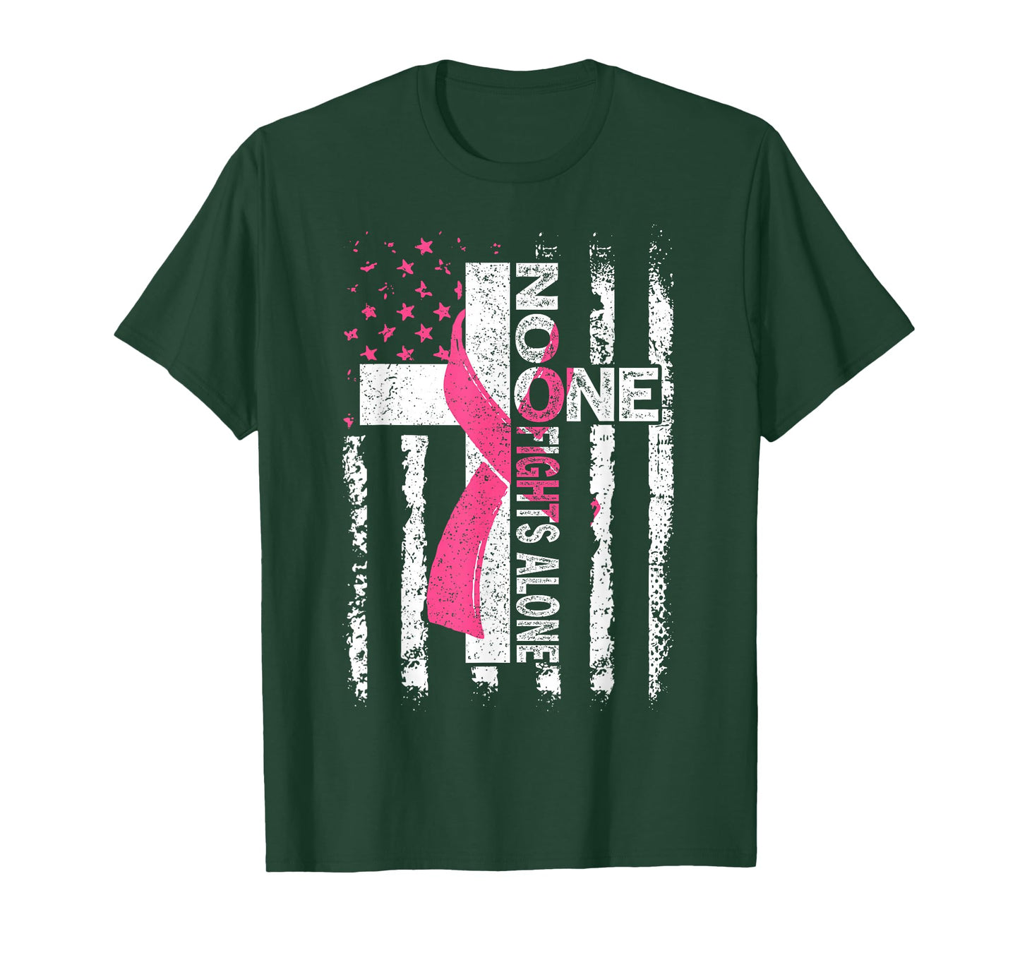 No One Fights Breast Cancer Alone Faith USA Flag Pink Ribbon T-Shirt