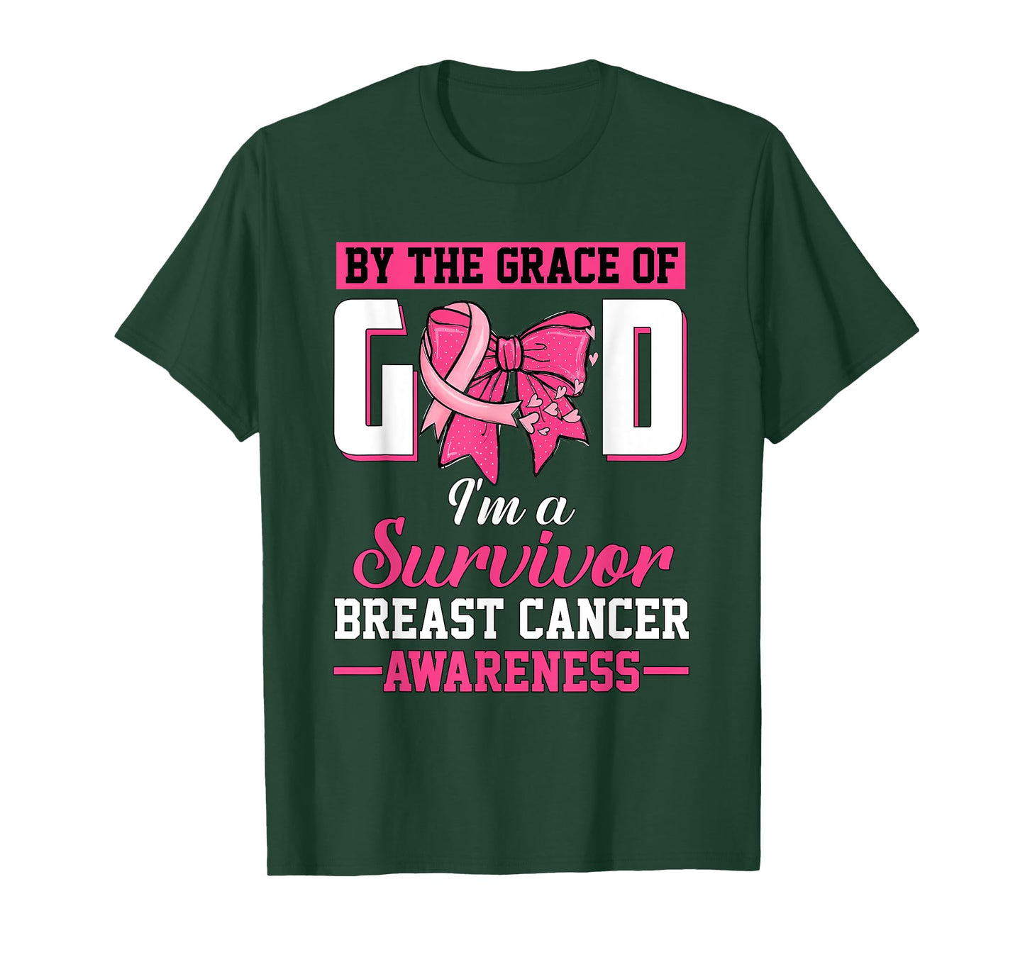 by The Grace God I'm A Survivor Breast Cancer Bow Ribbon T-Shirt