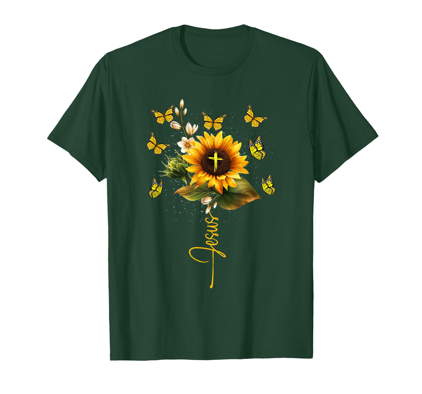 Sunflower Jesus Cross Butterflies Art Religious Christian T-Shirt